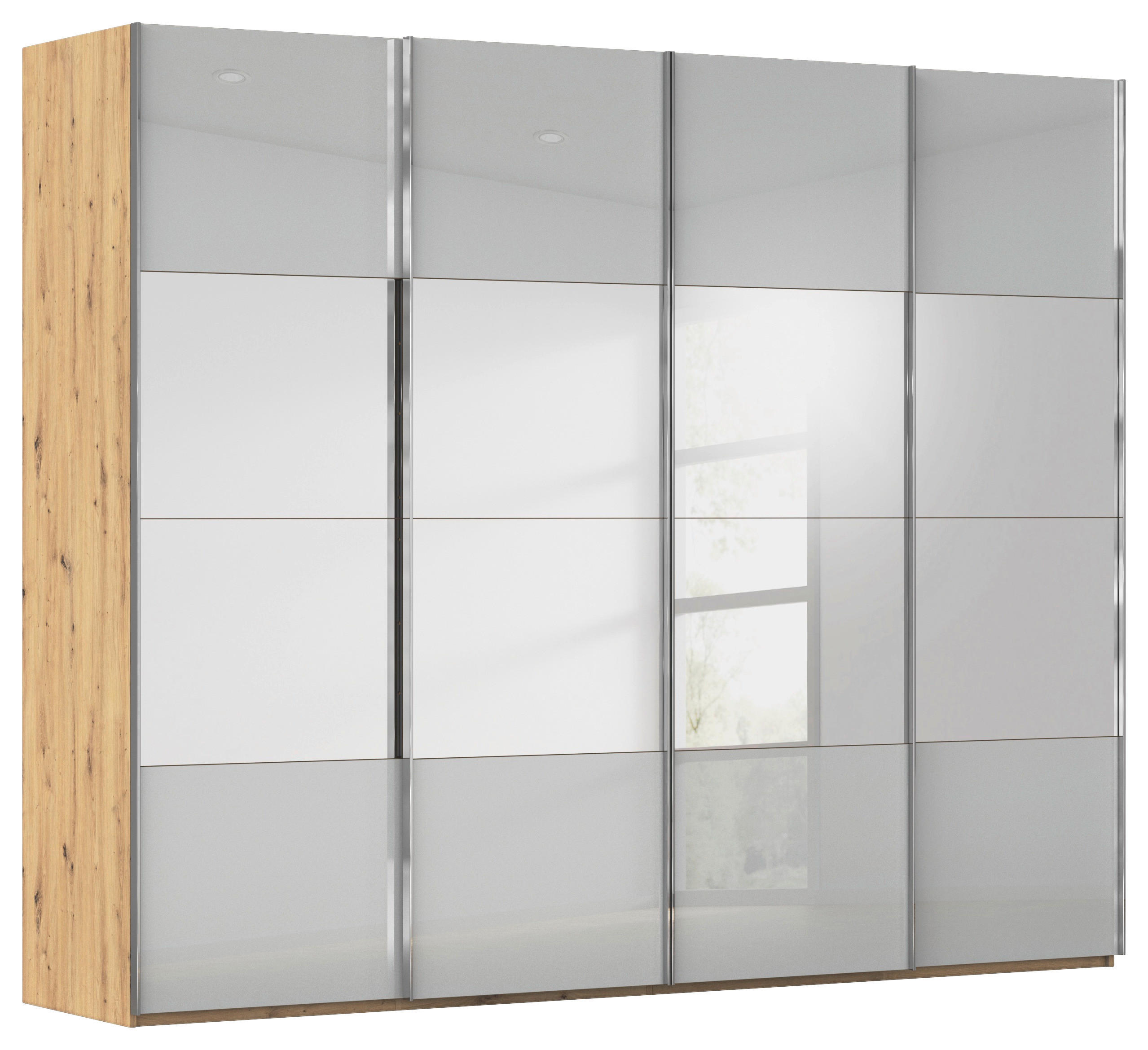 SCHWEBETÜRENSCHRANK Eiche Artisan, Seidengrau  - Chromfarben/Seidengrau, Design, Glas/Holzwerkstoff (271/235/68cm) - Novel
