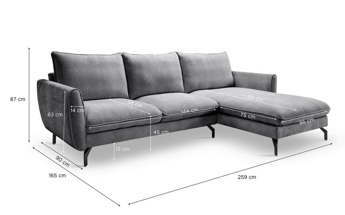 ECKSOFA TORONTO Grau Webstoff  - Schwarz/Grau, Basics, Textil/Metall (259/165cm) - MID.YOU