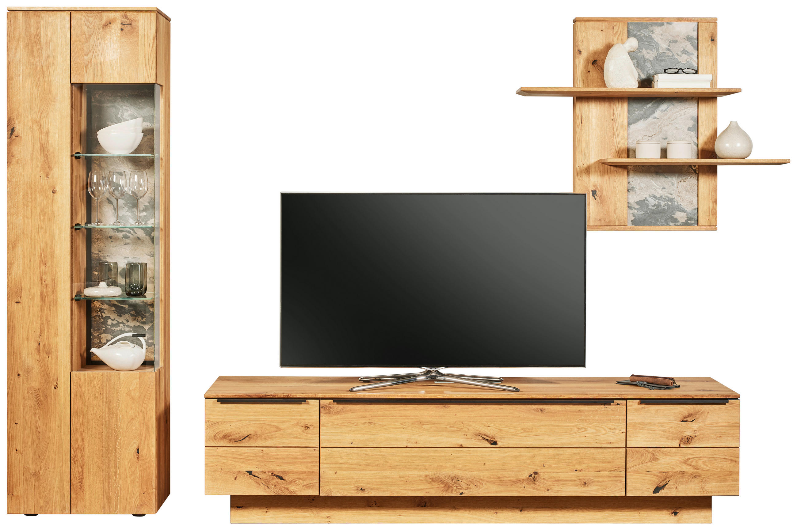 WOHNWAND  in Eichefarben 320/205,7/53,7 cm  - Eichefarben/Schwarz, Natur, Glas/Holz (320/205,7/53,7cm) - Valnatura