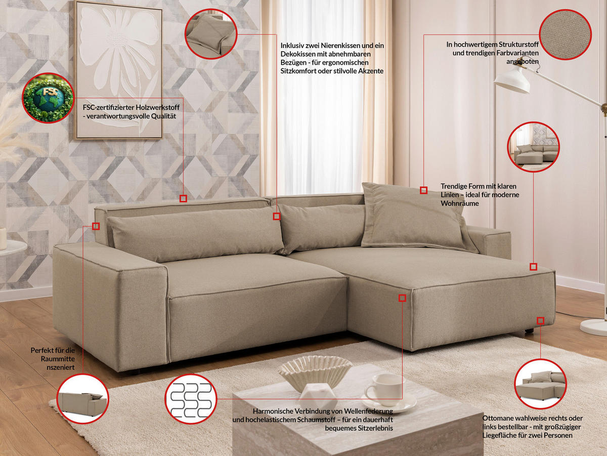 ECKSOFA Curduroy in Webstoff Hellbraun Rückenkissen  251/142 cm  - Hellbraun/Schwarz, Design, Kunststoff/Textil (251/142cm) - P & B