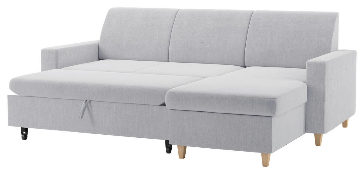 ECKSOFA NIKAS Hellgrau Flachgewebe Bettkasten  - Buchefarben/Hellgrau, Design, Holz/Textil (227/156cm) - MID.YOU