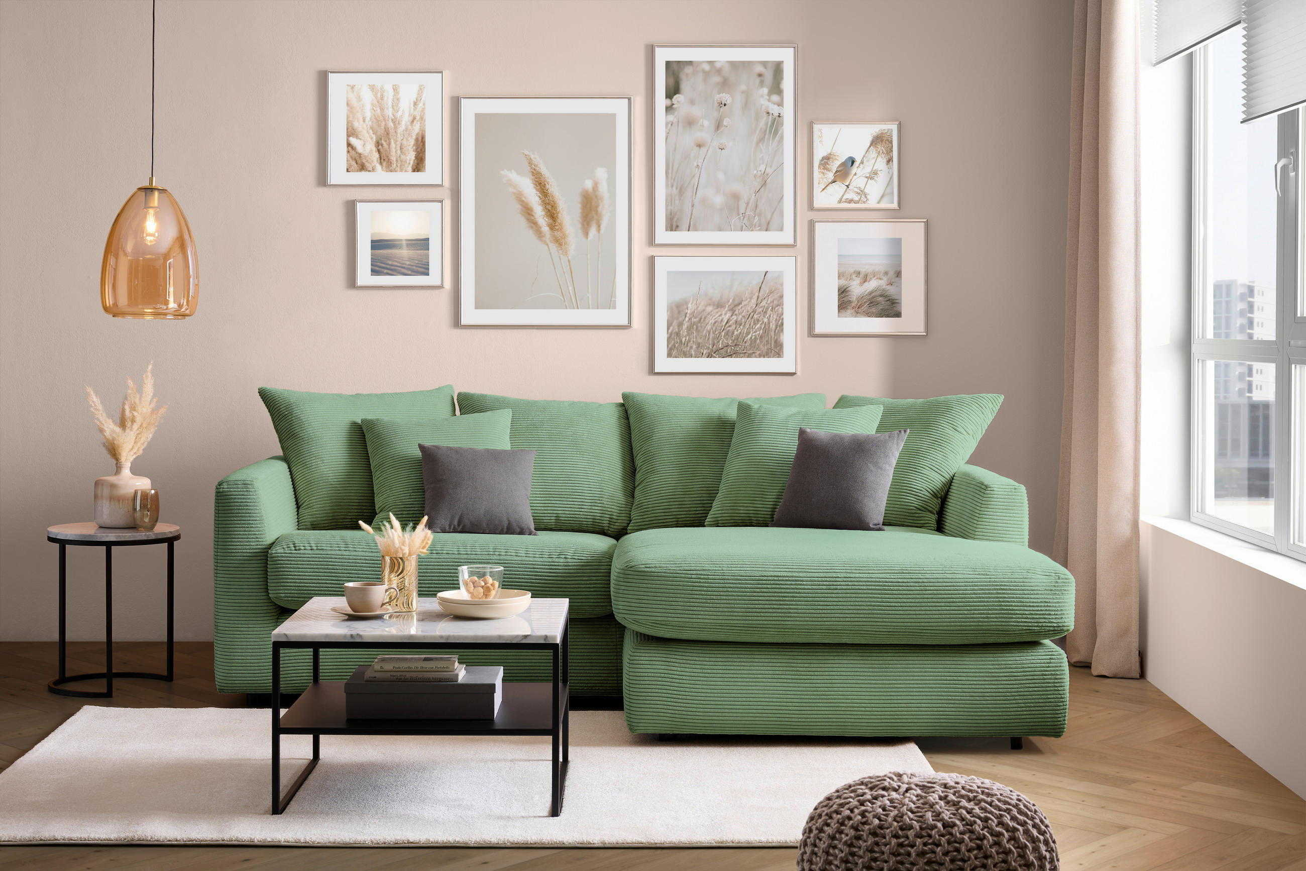 ECKSOFA in Cord Olivgrün  - Schwarz/Olivgrün, Design, Kunststoff/Textil (235/175cm) - home24