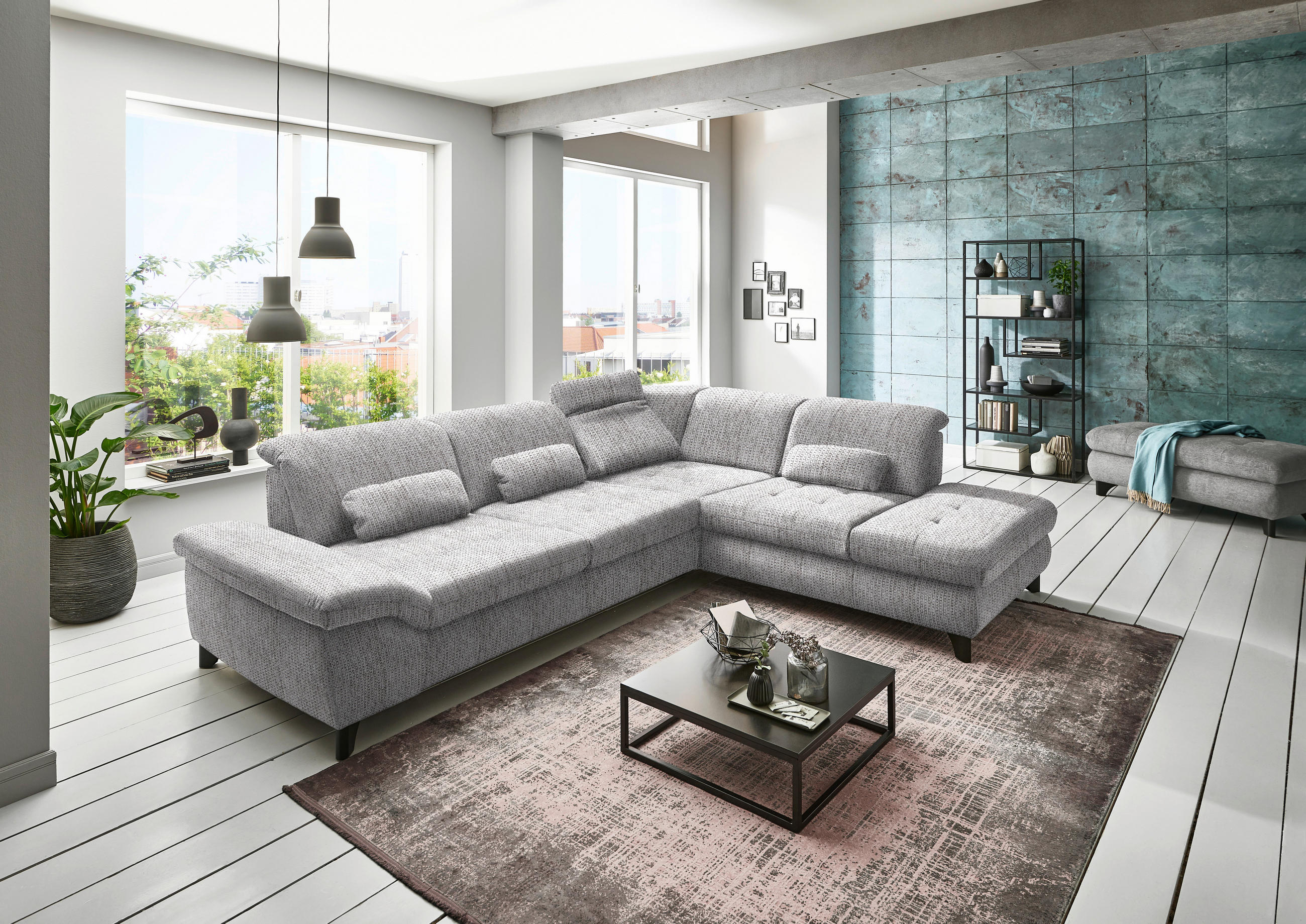 ECKSOFA Hellbraun Webstoff  - Chromfarben/Hellbraun, Design, Textil/Metall (319/260cm) - Beldomo Style