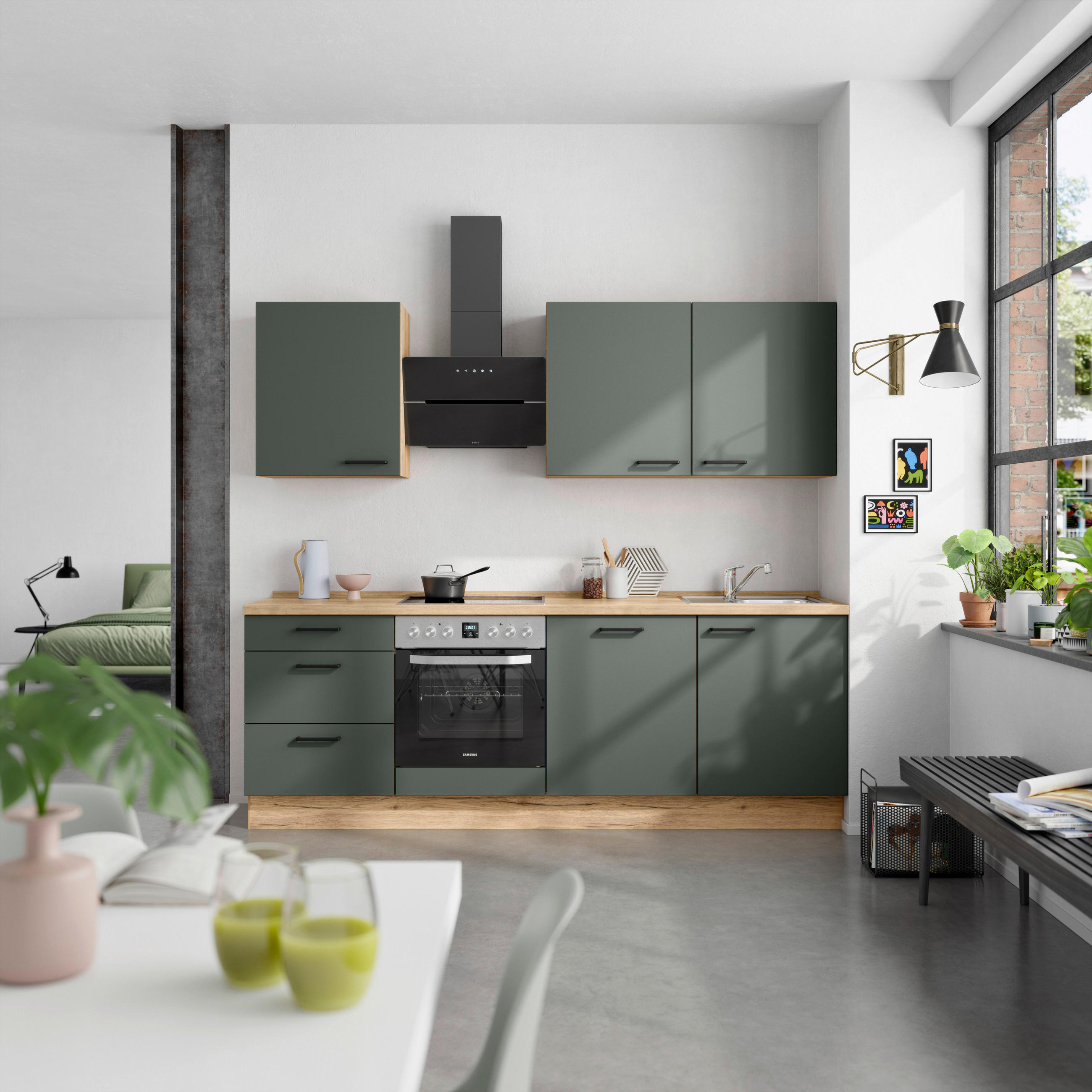 KÜCHENBLOCK 240 cm   in Eichefarben, Dunkelgrün  - Dunkelgrün/Eichefarben, MODERN, Holzwerkstoff/Metall (240cm) - Nobilia