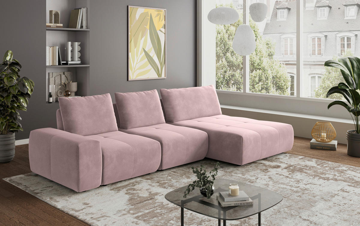 ECKSOFA in Velours Altrosa  - Schwarz/Altrosa, Design, Kunststoff/Textil (347/174cm) - Xora