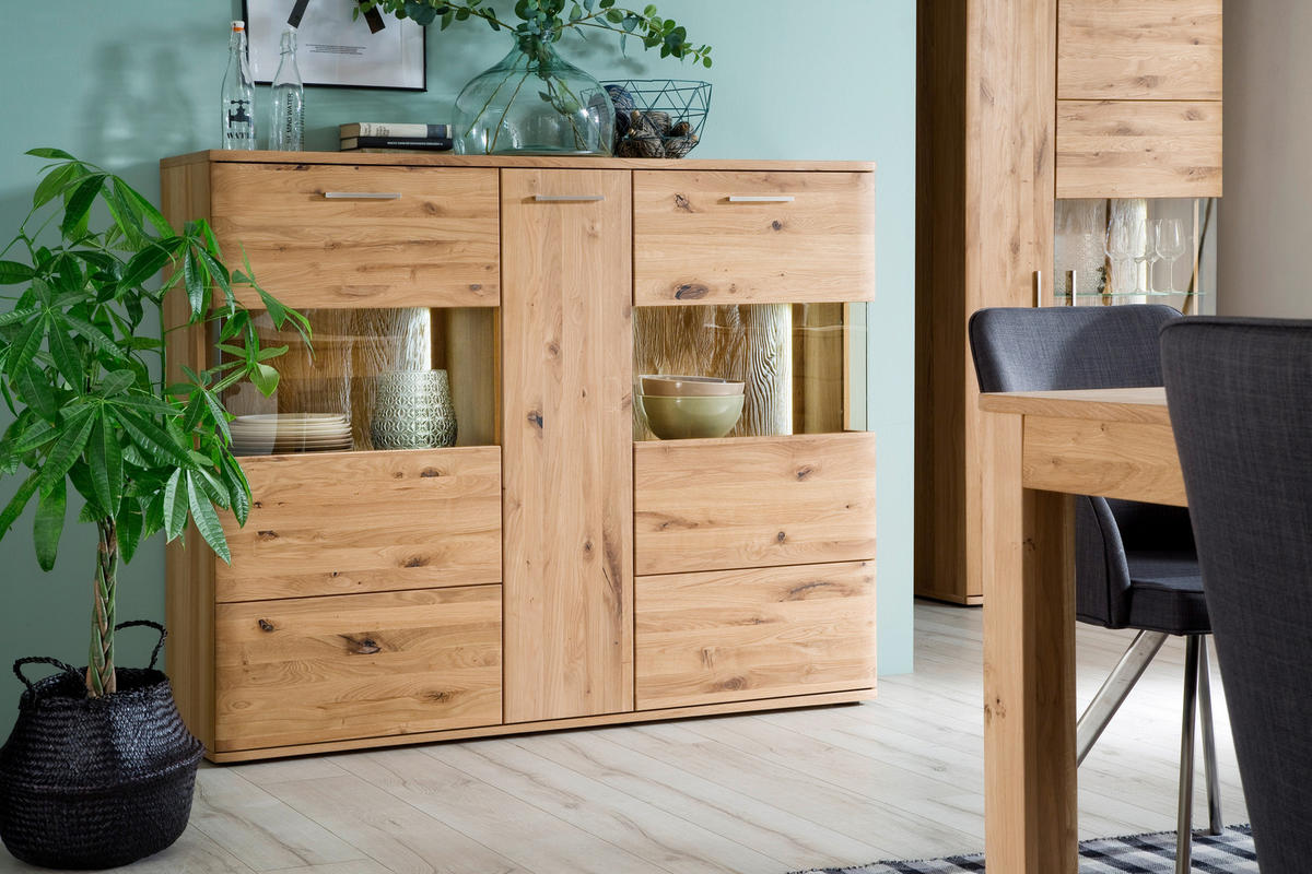HIGHBOARD  in 150/121/37 cm  - Eichefarben/Schwarz, Design, Glas/Holz (150/121/37cm) - Livetastic