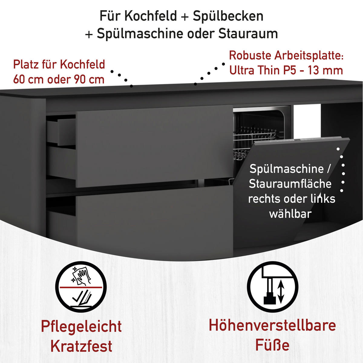 KÜCHENLEERBLOCK Curve Noir  in Anthrazit, Schwarz  - Anthrazit/Schwarz, MODERN, Holzwerkstoff (223,2/91,9/60cm) - home24