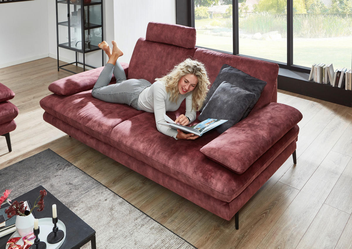 3-SITZER-SOFA in Velours Dunkelrot  - Beige/Schwarz, Design, Textil/Metall (222/89/104cm) - Dieter Knoll