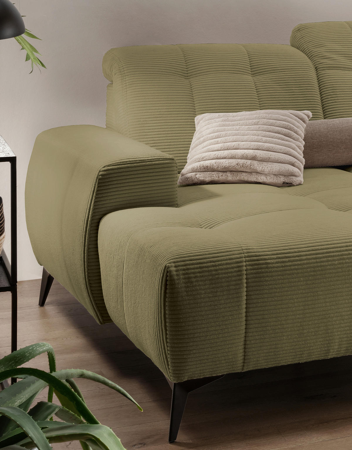 WOHNLANDSCHAFT SANO Olivgrün Cord  - Schwarz/Olivgrün, MODERN, Textil/Metall (180/337/200cm) - Livetastic