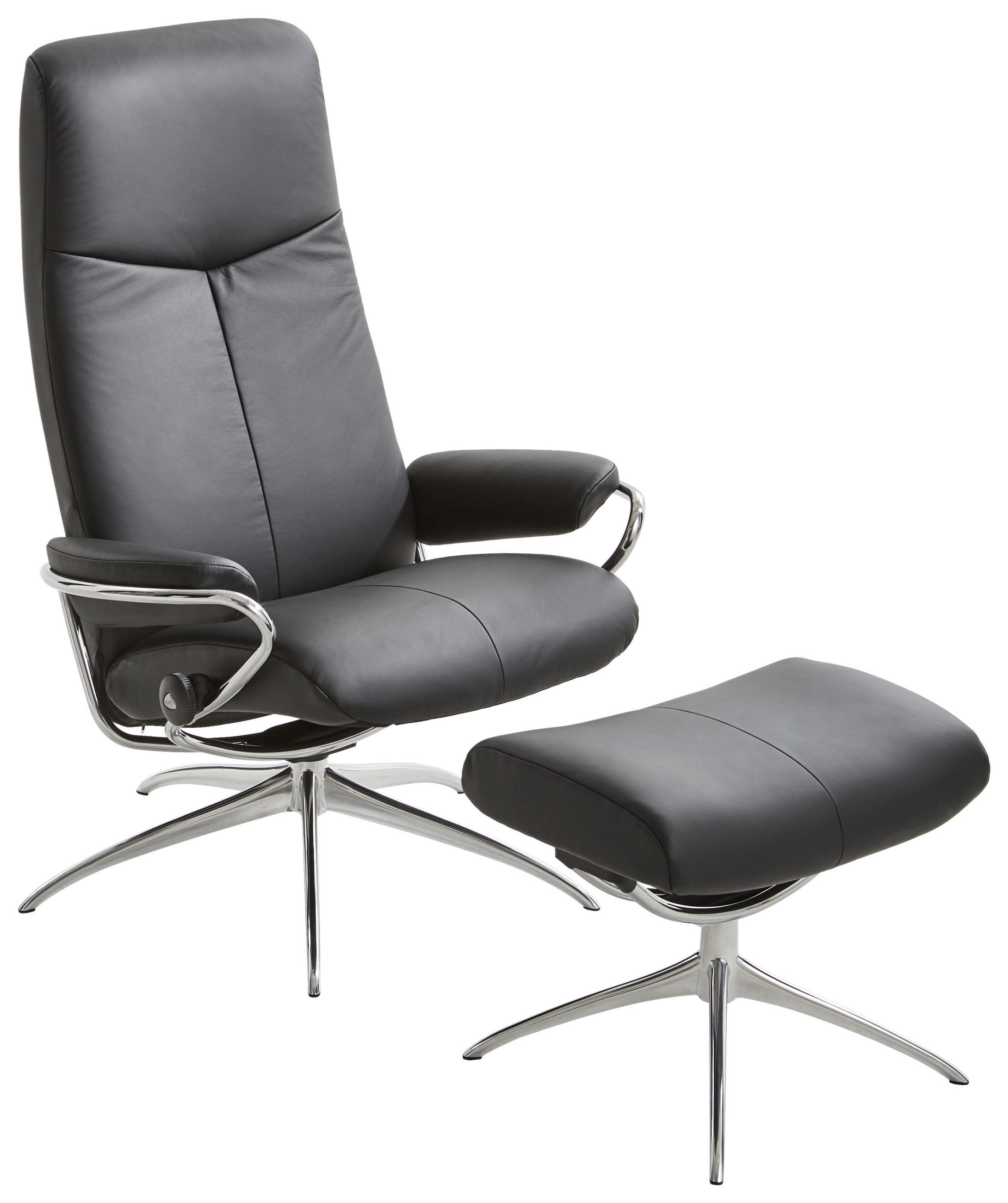 SESSELSET CITY Echtleder Relaxfunktion, Hocker - Chromfarben/Alufarben, Design, Leder/Metall (80/113/75cm) - Stressless