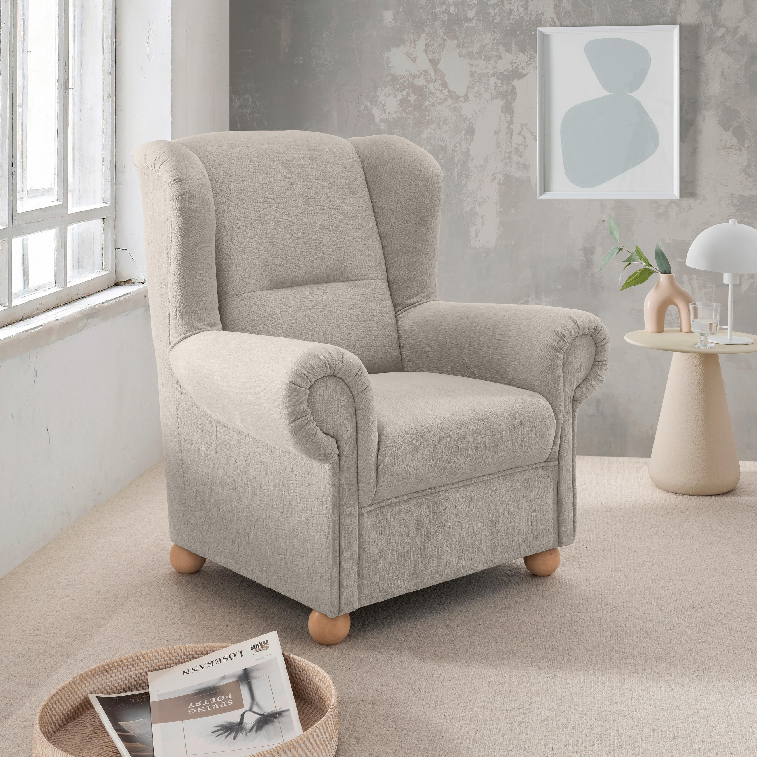 OHRENSESSEL Torello Mikrofaser Creme  - Wildeiche/Creme, KONVENTIONELL, Holz/Textil (92/102/89cm) - Livetastic