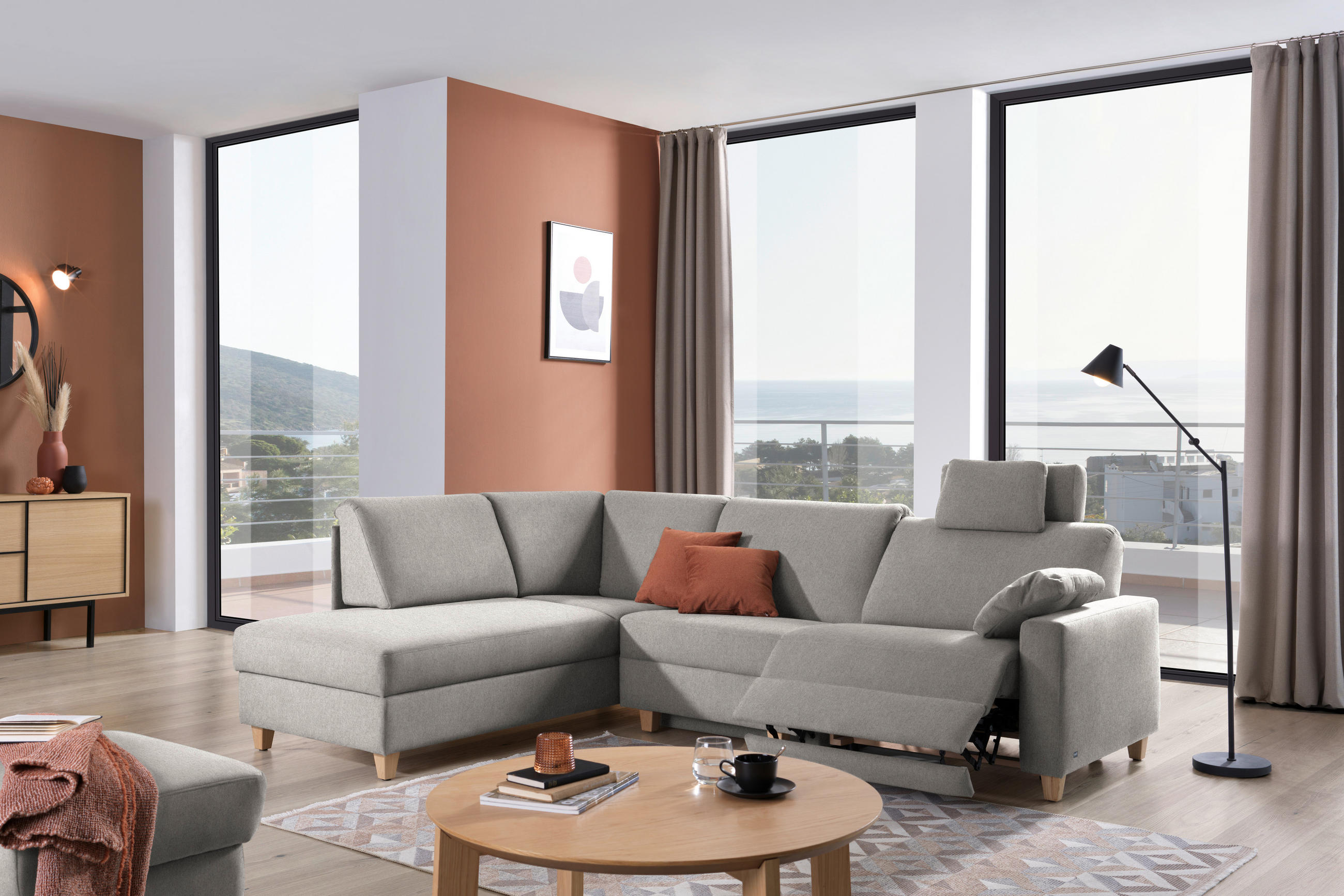 ECKSOFA in Flachgewebe Ecru  203/261 cm  - Ecru/Eichefarben, KONVENTIONELL, Holz/Textil (203/261cm) - Sedda