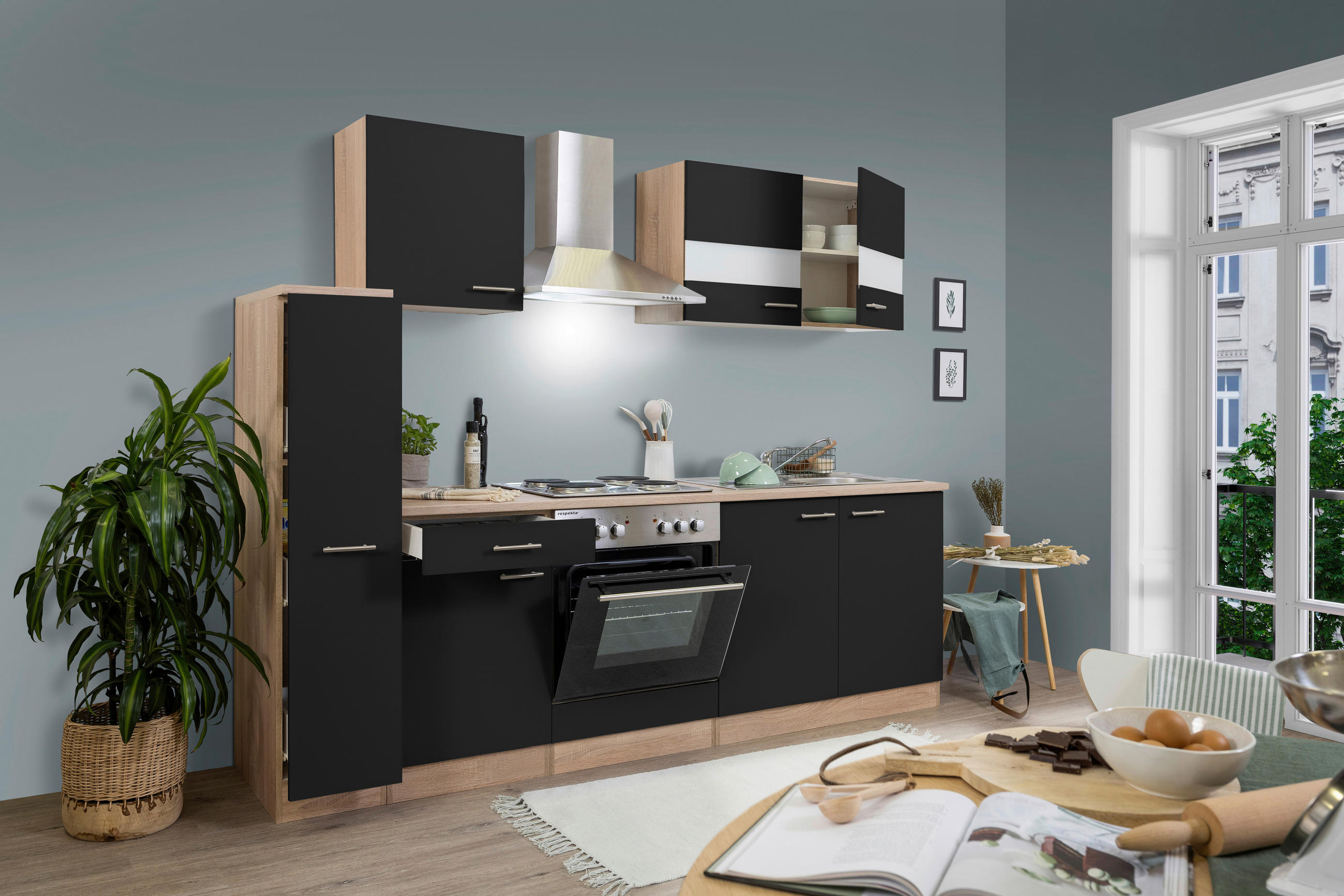 KÜCHENBLOCK 240 cm   in Schwarz  - Edelstahlfarben/Eichefarben, Basics, Holzwerkstoff/Metall (240cm) - Respekta