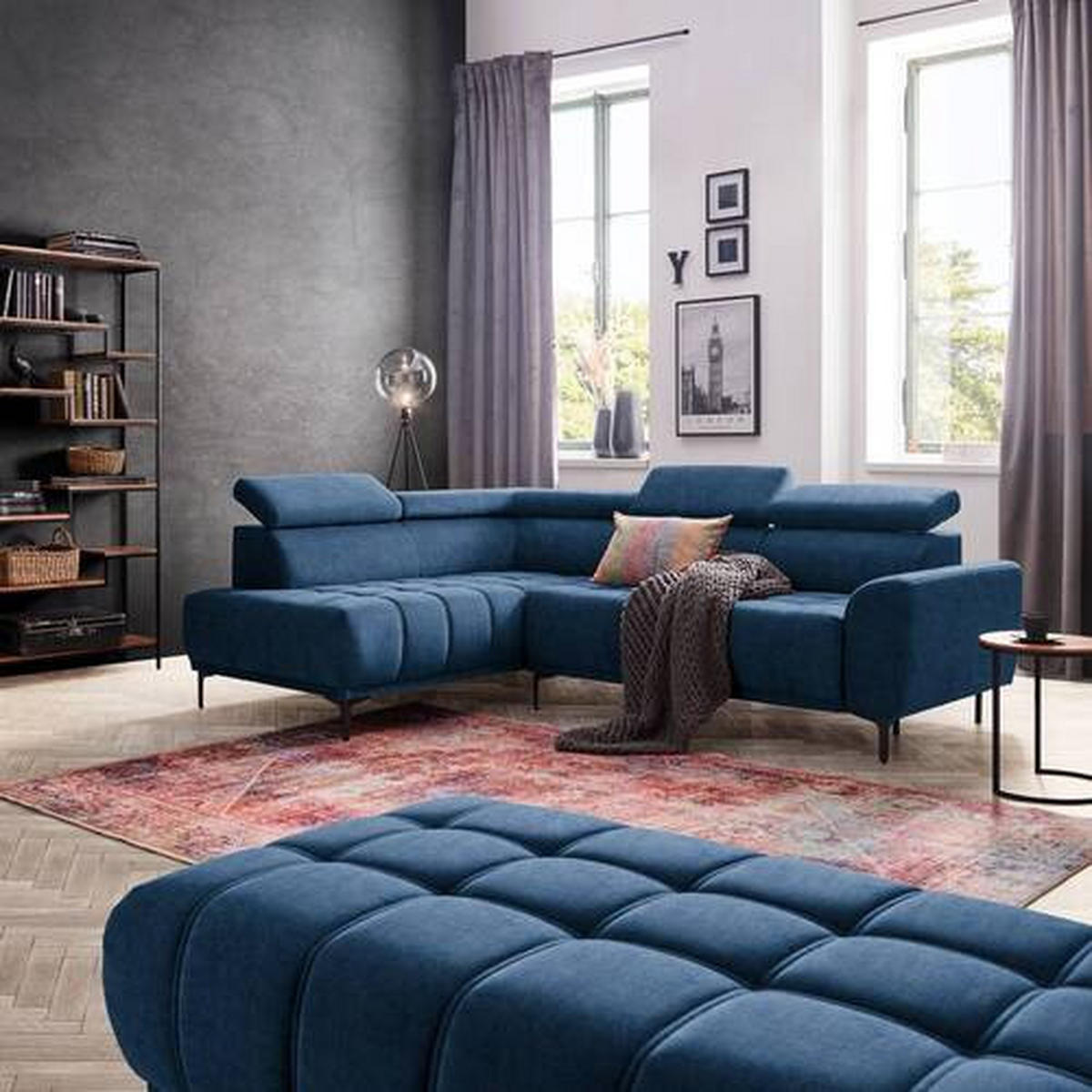 ECKSOFA Dunkelblau Velours  - Schwarz/Dunkelblau, Design, Textil/Metall (191/261cm) - Stylife