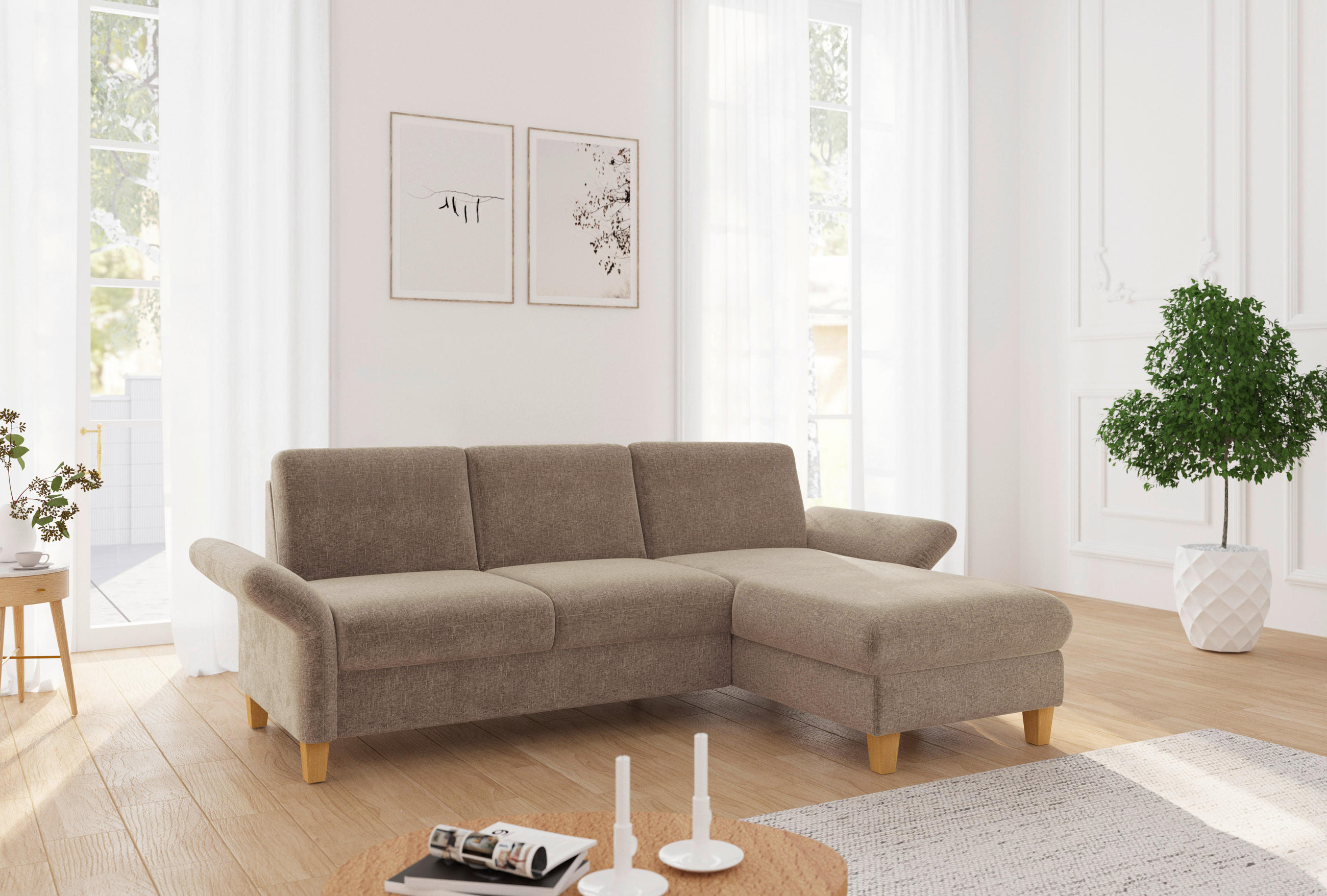 ECKSOFA ROCHELLE E Hellbraun Flachgewebe  - Hellbraun/Eichefarben, KONVENTIONELL, Holz/Textil (251/164cm) - Sit & More