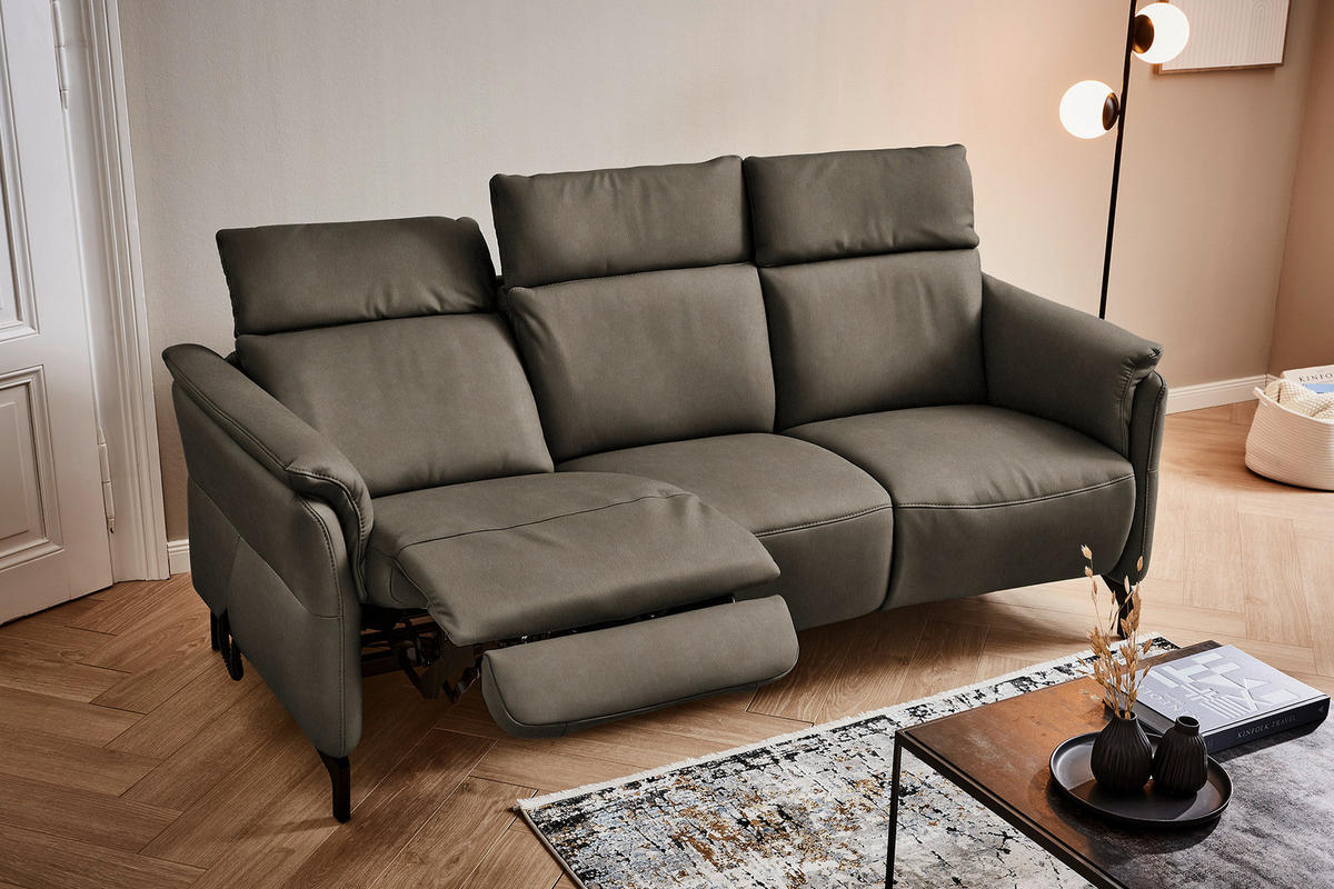TRAPEZSOFA in Echtleder Graubraun  - Graubraun/Schwarz, KONVENTIONELL, Leder/Metall (221/103/95cm) - Dieter Knoll