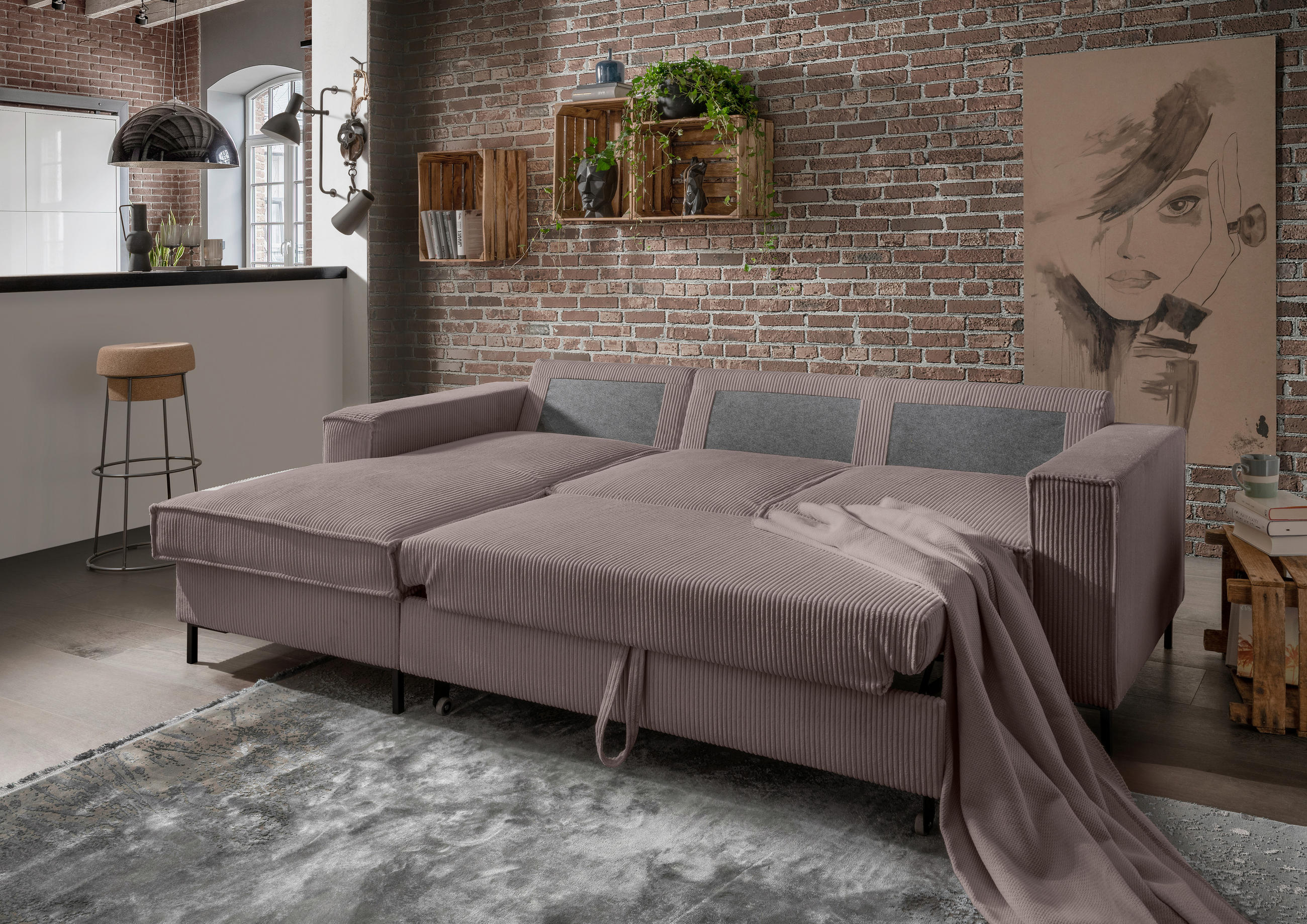ECKSOFA Graubraun Cord  - Graubraun/Schwarz, MODERN, Textil/Metall (150/240cm) - Livetastic