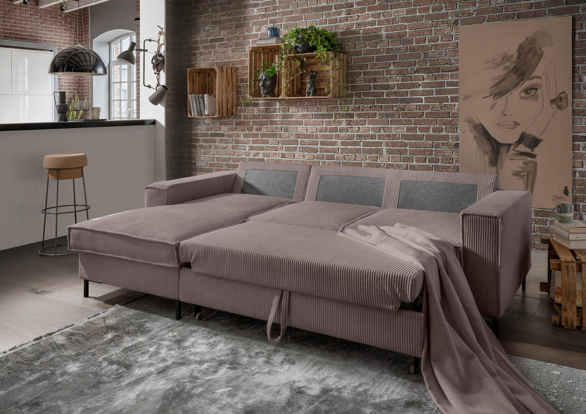 ECKSOFA Graubraun Cord  - Graubraun/Schwarz, MODERN, Textil/Metall (150/240cm) - Livetastic
