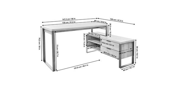 ECKSCHREIBTISCH 147/76/120 cm in Eichefarben - Eichefarben/Anthrazit, MODERN, Holzwerkstoff/Metall (147/76/120cm) - Novel