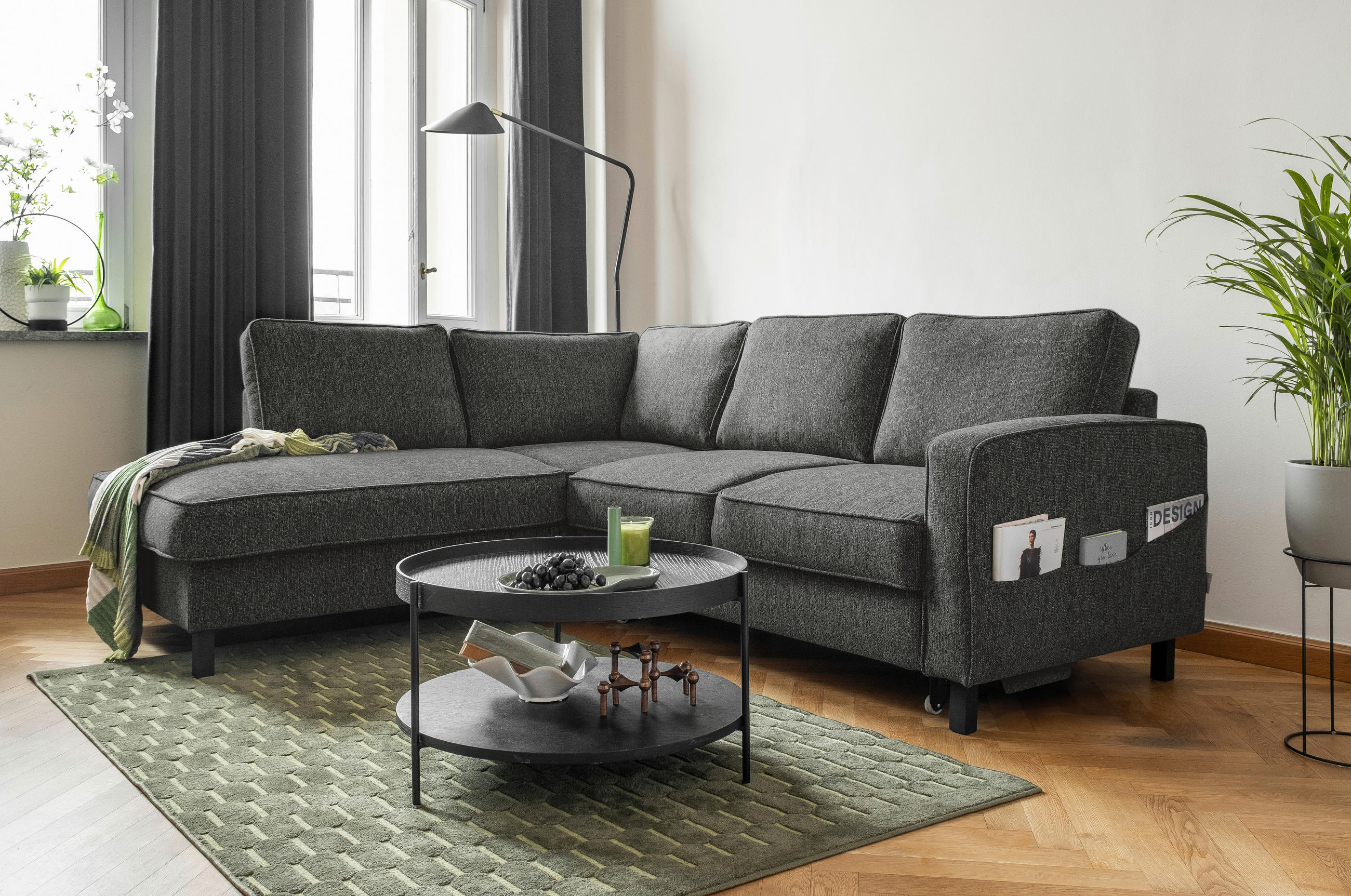 ROHOVÁ SEDACIA SÚPRAVA, textil, tmavosivá - čierna/tmavosivá, drevo/textil (198/233cm)