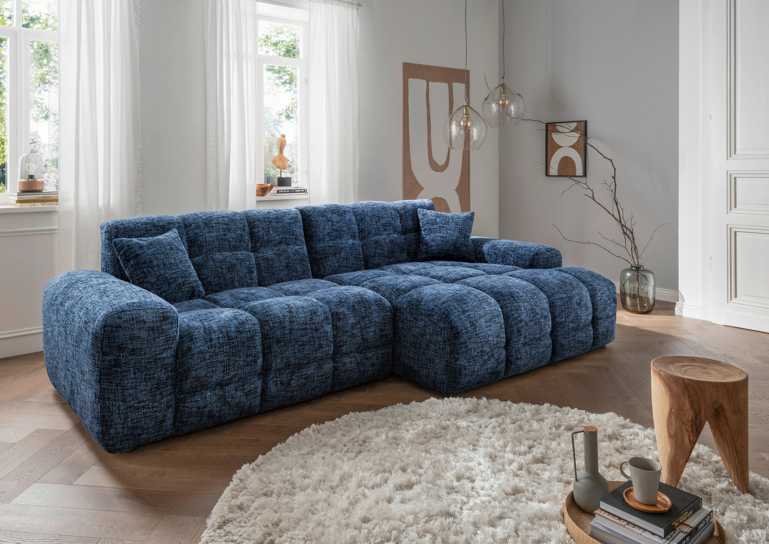 ECKSOFA in Struktur Blau 301/152 cm - Blau/Schwarz, MODERN, Kunststoff/Textil (301/152cm) - Livetastic