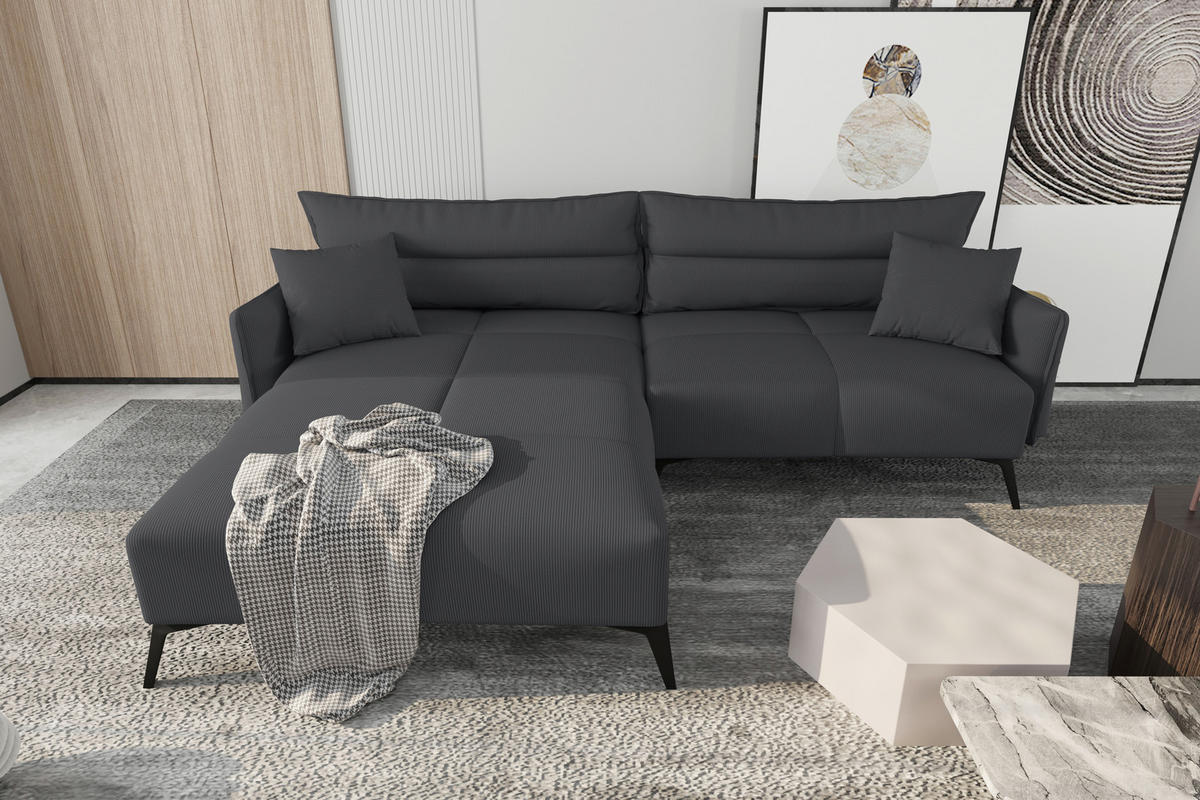 ECKSOFA in Cord Dunkelgrau  180/253 cm  - Dunkelgrau/Schwarz, KONVENTIONELL, Textil/Metall (180/253cm) - Carryhome