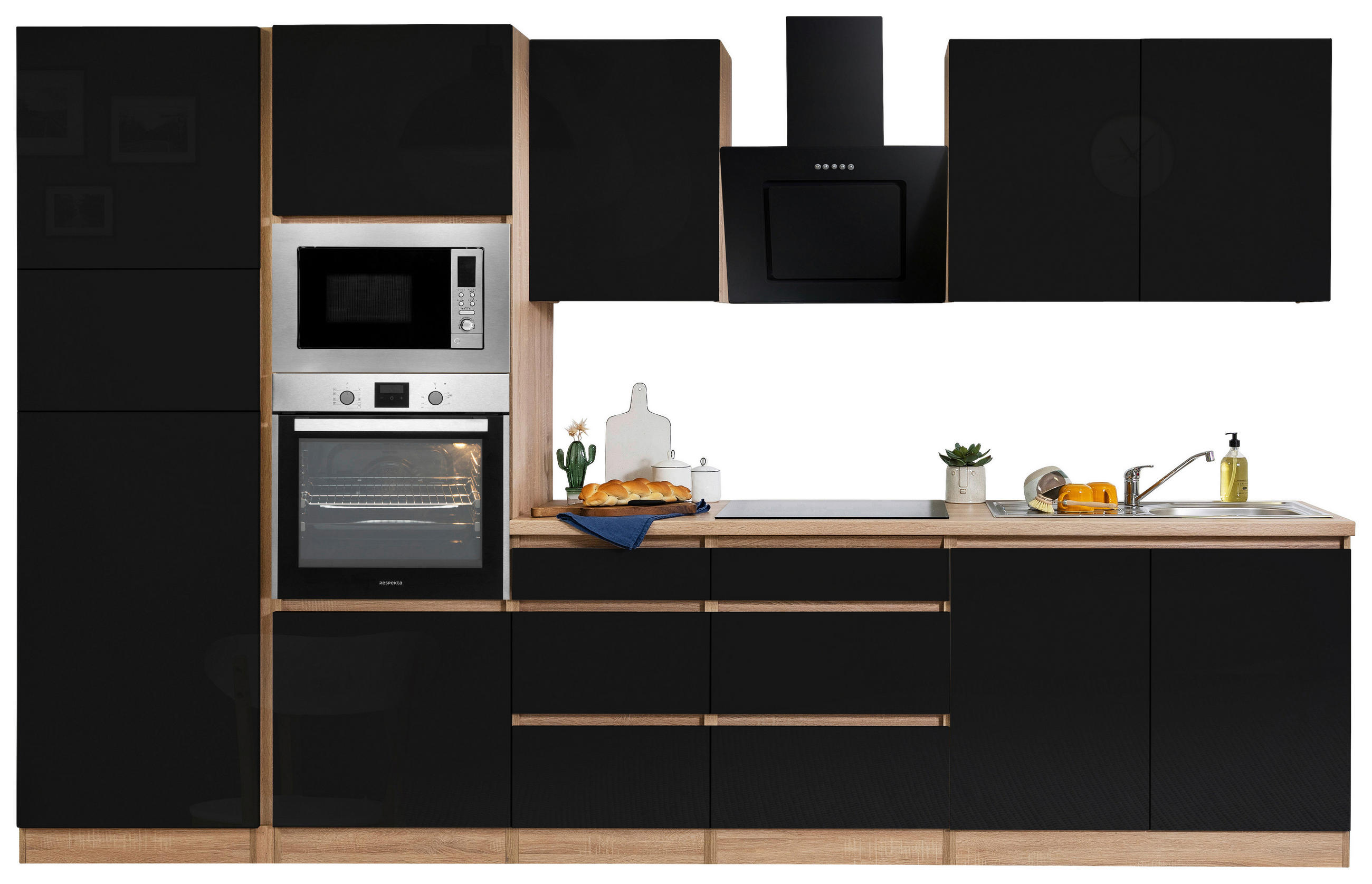 KÜCHENBLOCK 335 cm   in Schwarz Hochglanz  - Schwarz Hochglanz/Eichefarben, Basics, Holzwerkstoff (335cm) - Respekta
