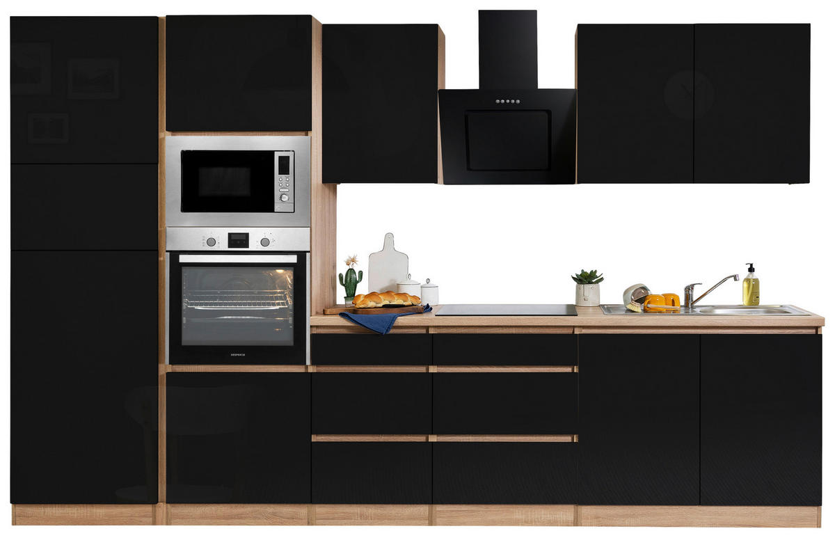 KÜCHENBLOCK 335 cm   in Schwarz Hochglanz  - Schwarz Hochglanz/Eichefarben, Basics, Holzwerkstoff (335cm) - Respekta