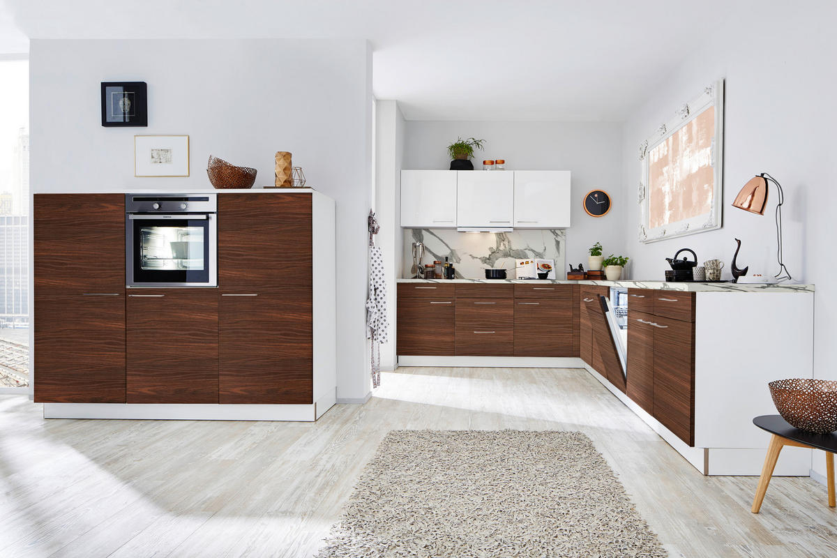 EINBAUKÜCHE   - Weiss/Nussbaumfarben, Design, Holzwerkstoff/Kunststoff - Dieter Knoll