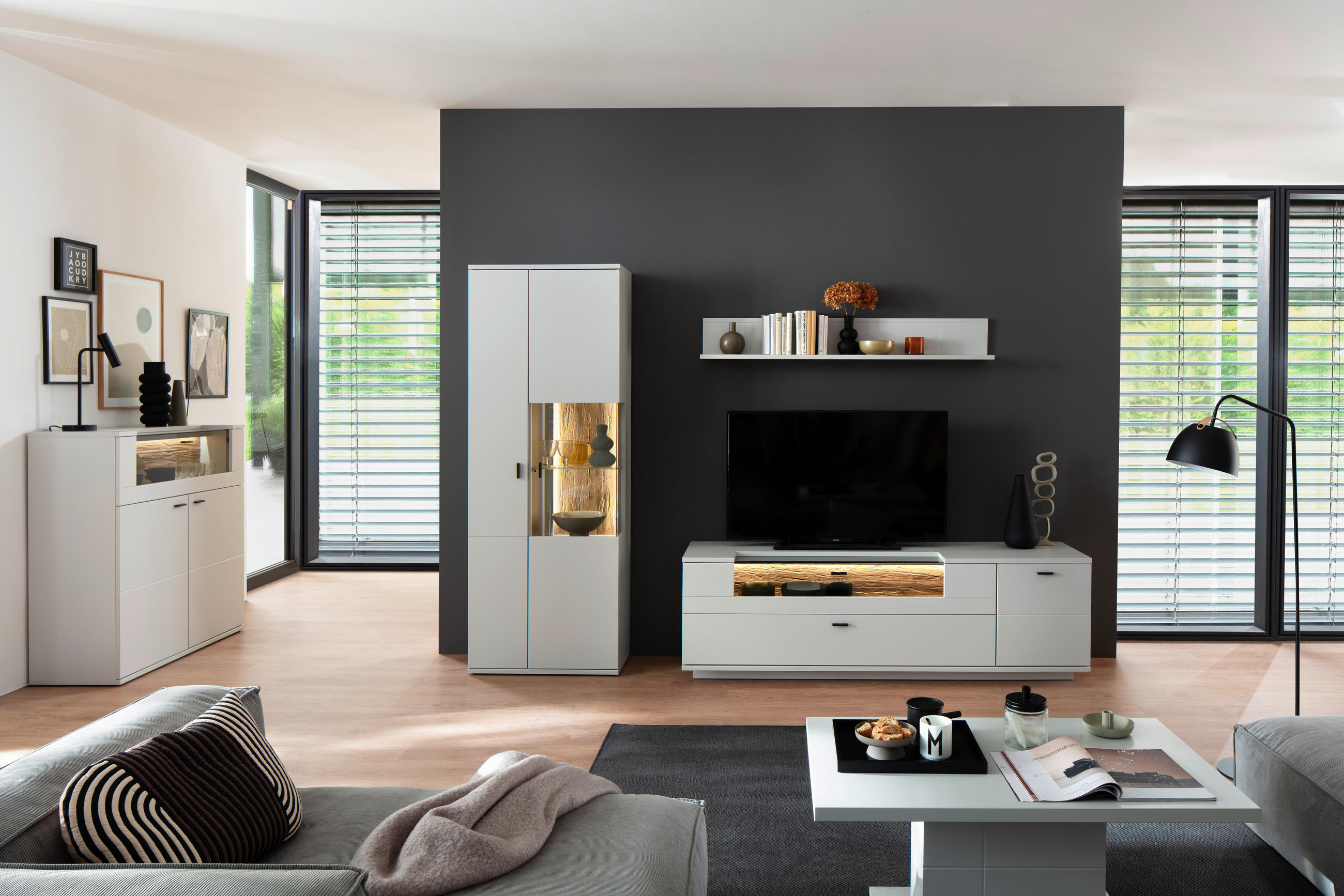 WOHNWAND  in Weiss, Eichefarben 280/199/50 cm  - Weiss/Eichefarben, Design, Glas/Holzwerkstoff (280/199/50cm) - Stylife