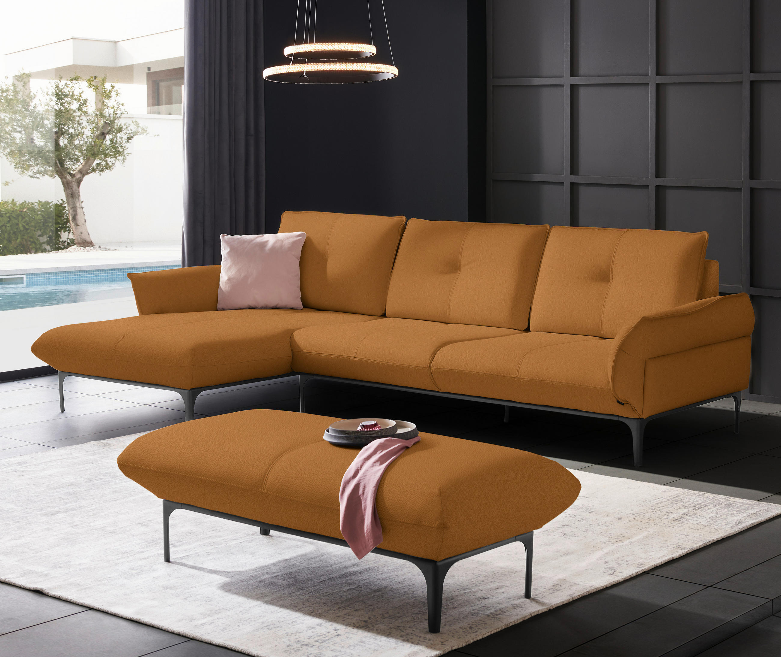 ECKSOFA in Echtleder Braun  - Schwarz/Braun, Design, Leder/Metall (182/325cm) - Valnatura