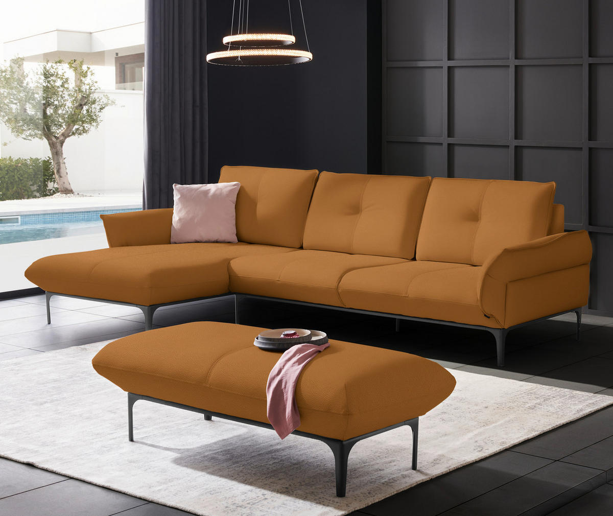 ECKSOFA in Echtleder Braun  - Schwarz/Braun, Design, Leder/Metall (182/325cm) - Valnatura