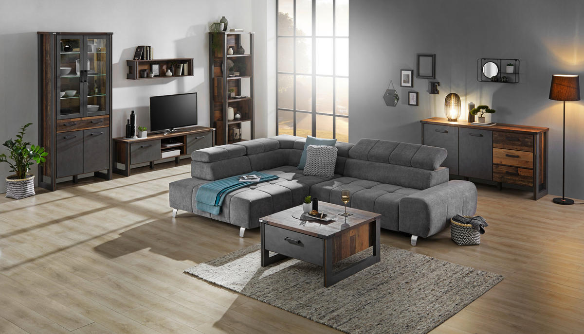 ECKSOFA Dunkelgrau Webstoff  - Dunkelgrau/Silberfarben, Design, Textil/Metall (201/295cm) - Hom`in