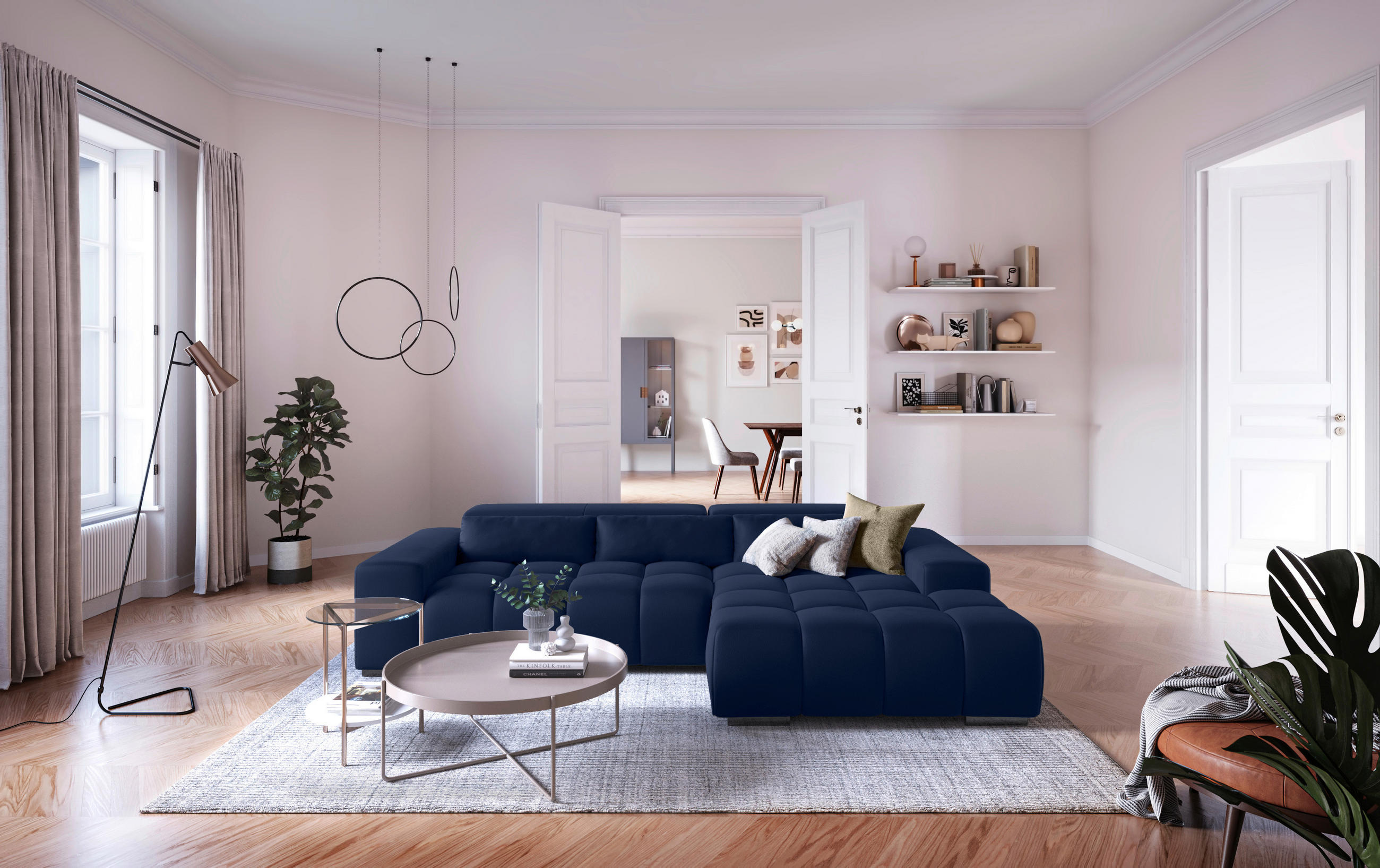 ECKSOFA Dunkelblau Velours  - Silberfarben/Dunkelblau, KONVENTIONELL, Textil/Metall (307/186cm) - Livetastic