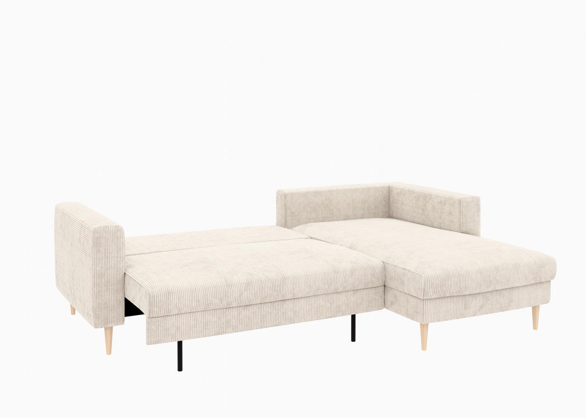 ECKSCHLAFSOFA  mit Rücken echt, Armteil links, Armteil rechts Cord Creme  - Buchefarben/Creme, MODERN, Holz/Textil (232/161cm) - Trendmanufaktur