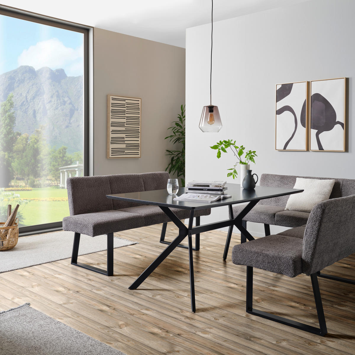 SITZBANK in Metall, Textil Grau  - Schwarz/Grau, Modern, Textil/Metall (166/82/61cm) - MID.YOU