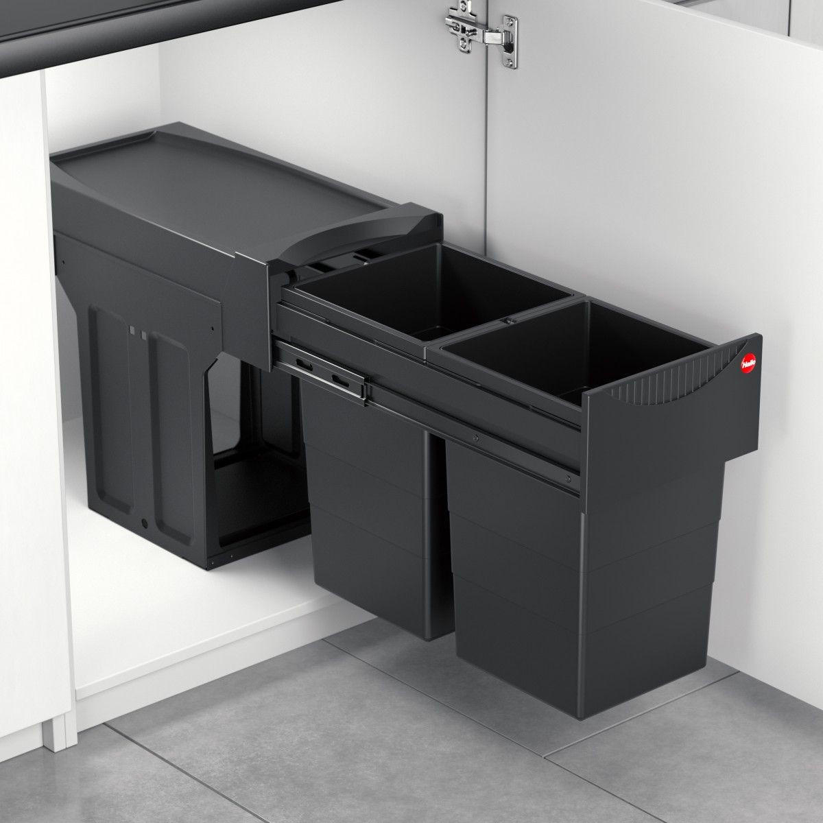 EINBAUABFALLSAMMLER 2x15 l  Kunststoff  - Schwarz, Basics, Kunststoff (25,1/40/48,2cm) - HKT