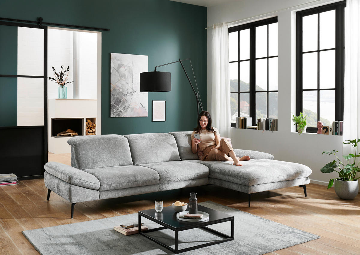ECKSOFA in Chenille Grau  - Schwarz/Grau, Design, Textil/Metall (188/319cm) - Beldomo System