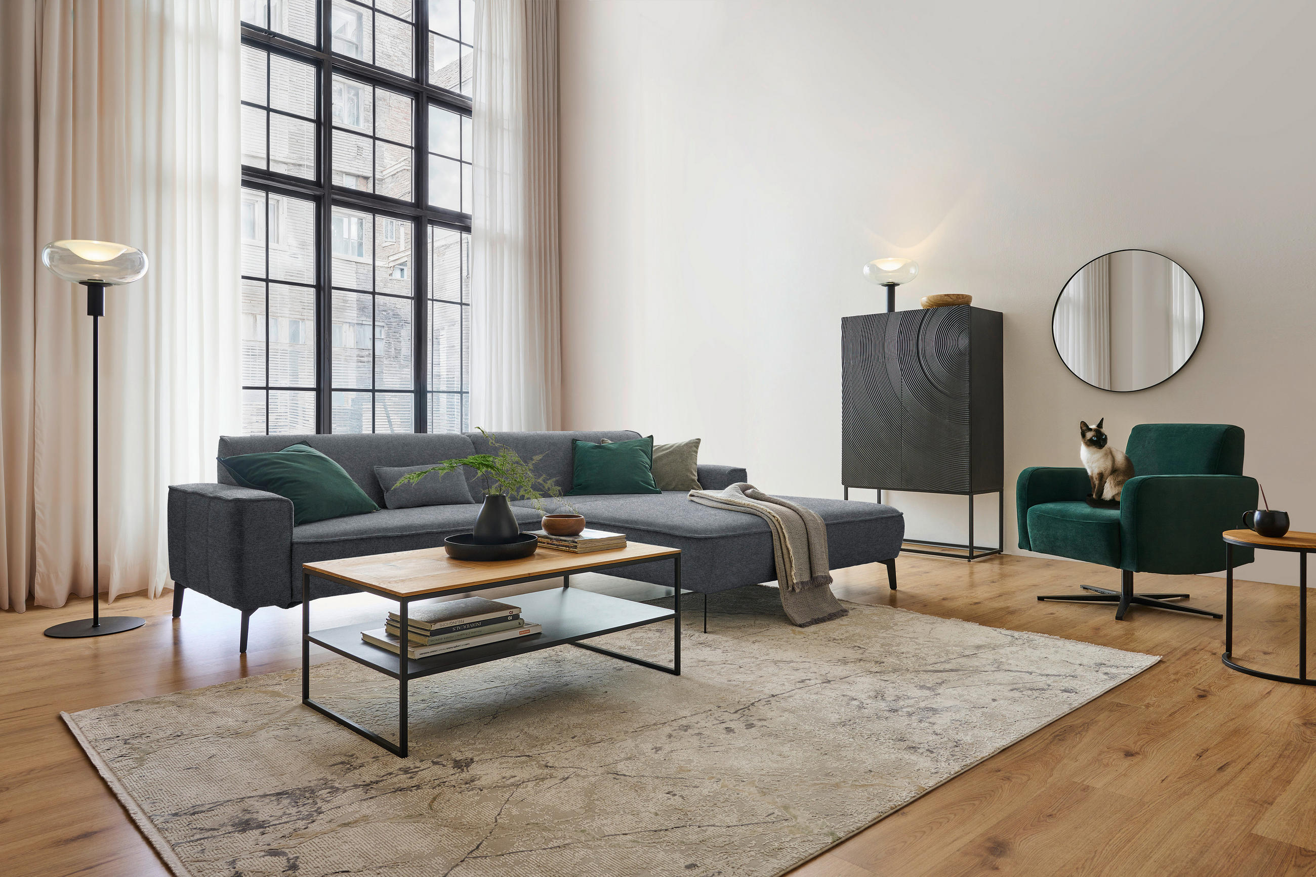 ECKSOFA in Flachgewebe Dunkelgrau  - Dunkelgrau/Schwarz, Design, Textil/Metall (285/190cm) - Johann Jakob