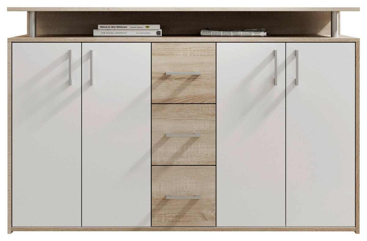 COMODĂ CU UȘI 139/90/34 cm  - stejar Sonoma/argintiu, Konventionell, plastic/material pe bază de lemn (139/90/34cm) - Carryhome
