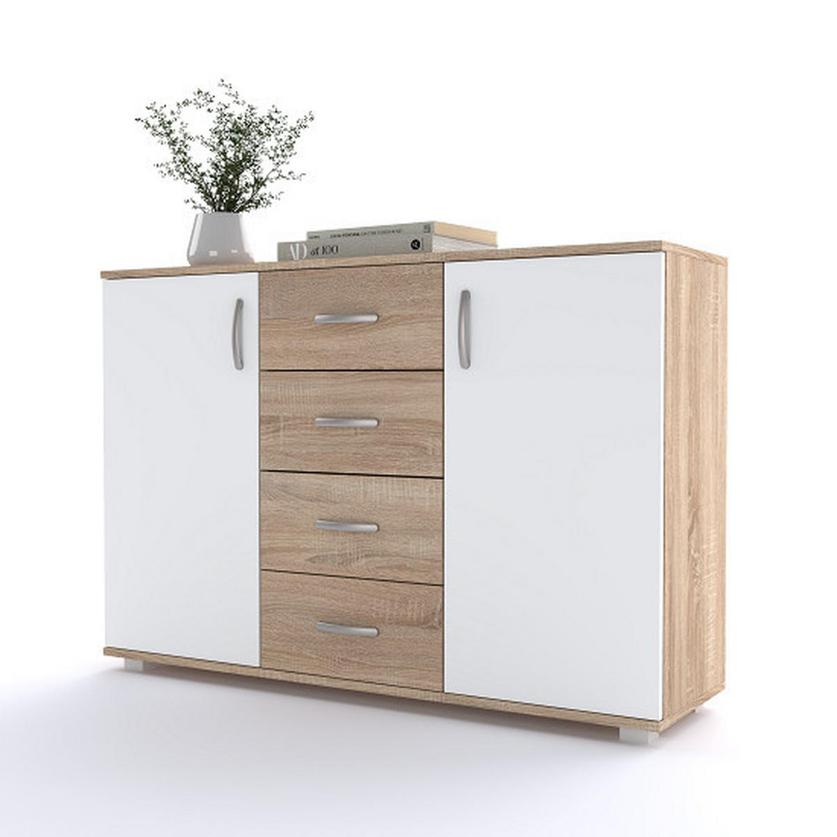 KOMODA   120/35/82 cm   bijela, hrast Sonoma  - bijela/boje aluminija, Design, drvni materijal/metal (120/35/82cm)