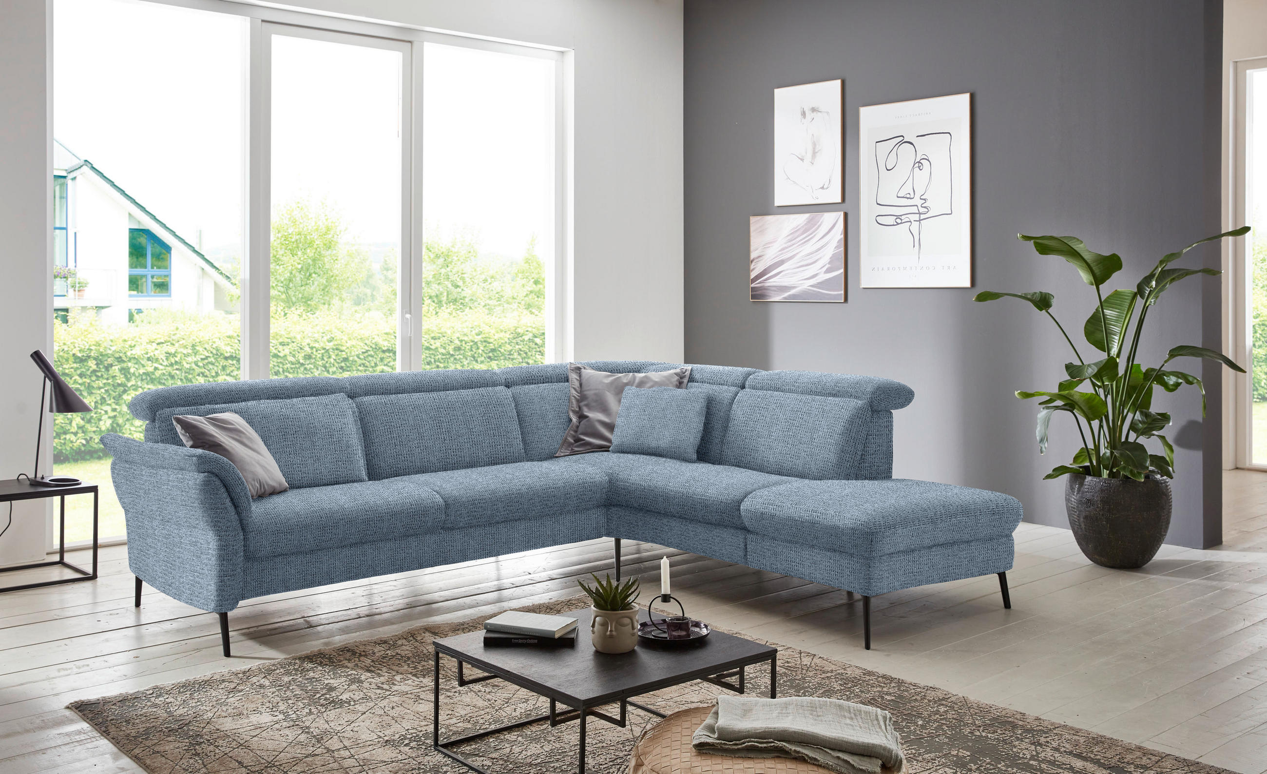 ECKSOFA in Struktur Hellblau  - Schwarz/Hellblau, Modern, Textil/Metall (275/235cm) - Cantus