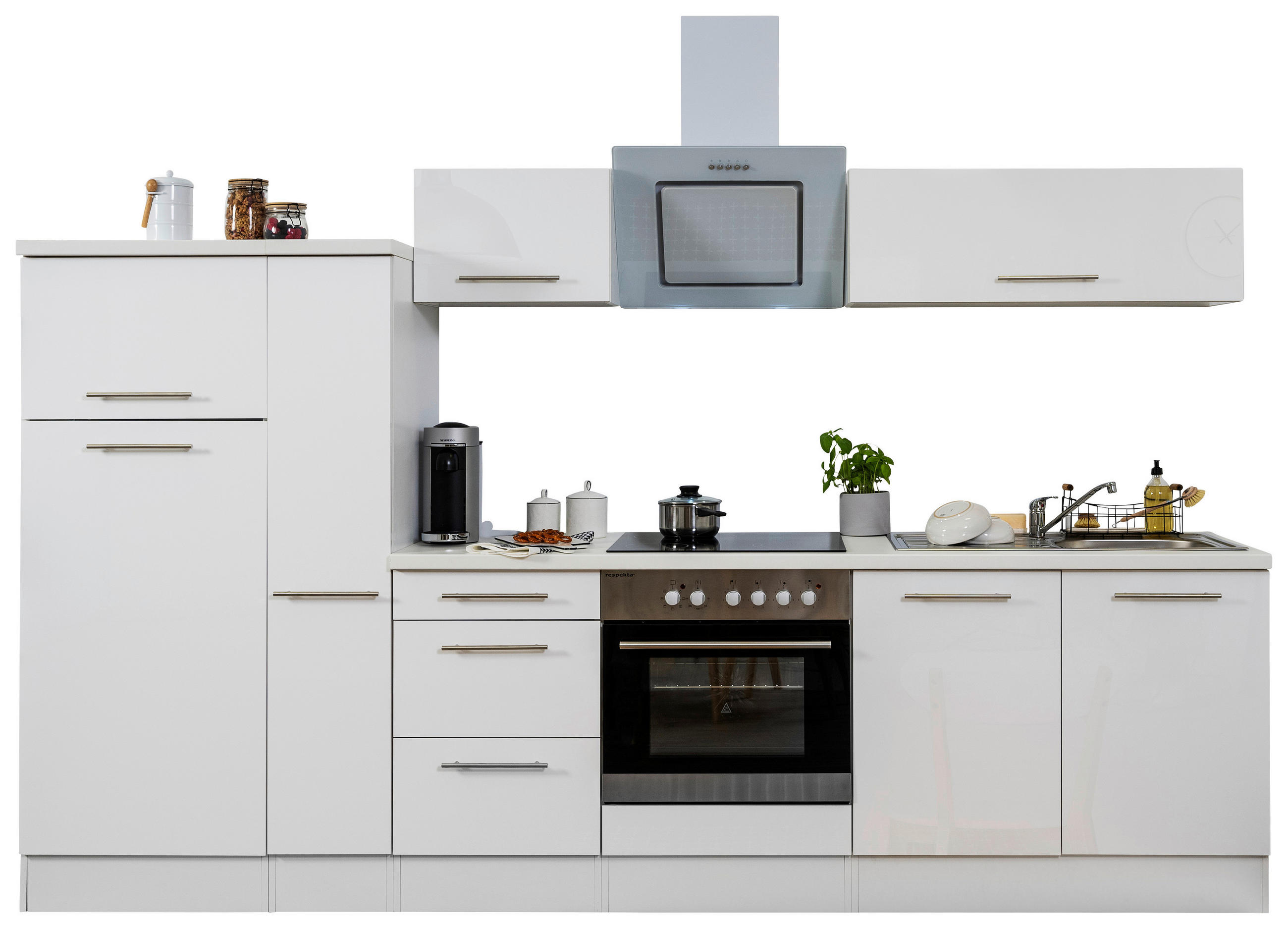 KÜCHENBLOCK 300 cm Weiss - Weiss/Edelstahlfarben, Konventionell, Holzwerkstoff/Metall (300cm) - Respekta