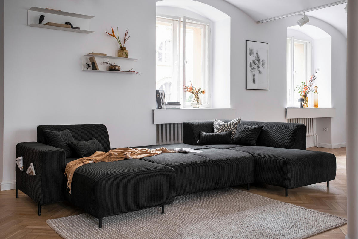 WOHNLANDSCHAFT Dunkelgrau Cord  - Dunkelgrau/Schwarz, Textil/Metall (165/330/192cm) - MID.YOU