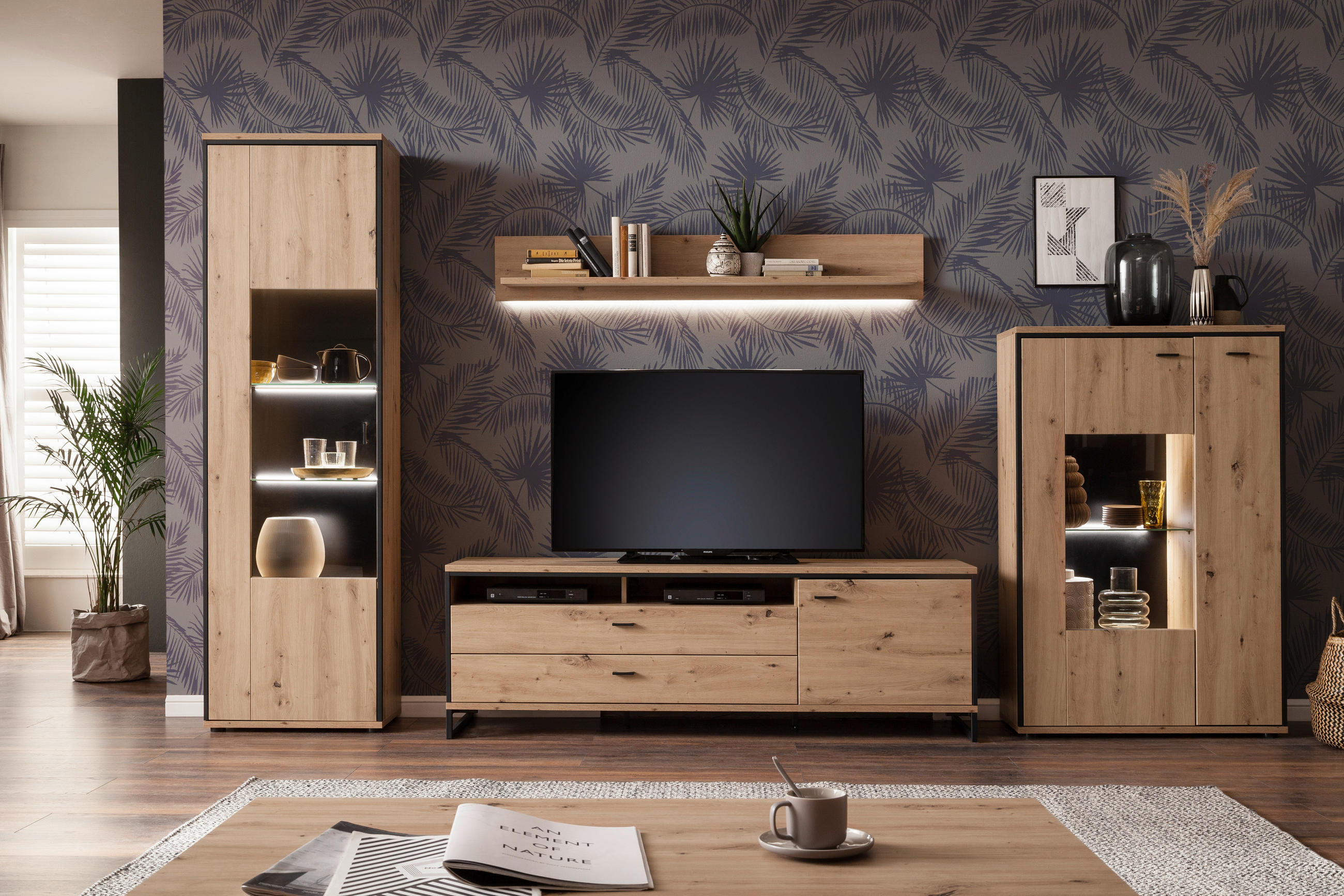 WOHNWAND  in Anthrazit, Eichefarben  359/210/50 cm  - Eichefarben/Anthrazit, Design, Glas/Holzwerkstoff (359/210/50cm) - MID.YOU