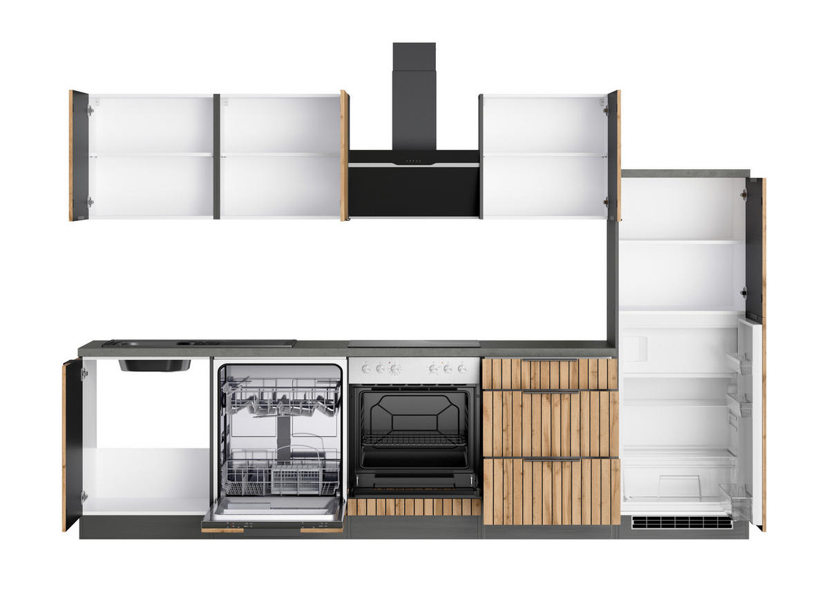 KÜCHENBLOCK 300 cm   in Graphitfarben, Eiche Wotan  - Schieferfarben/Eiche Wotan, Basics, Holzwerkstoff/Metall (300cm) - Held