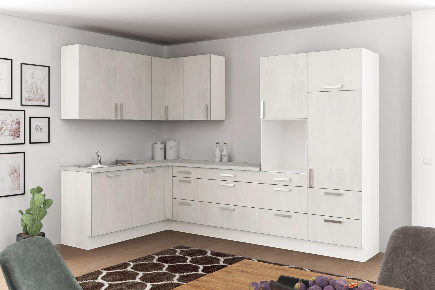 Eckküche Ip1200 ohne Geräte 185x320 cm Betonoptik Hell