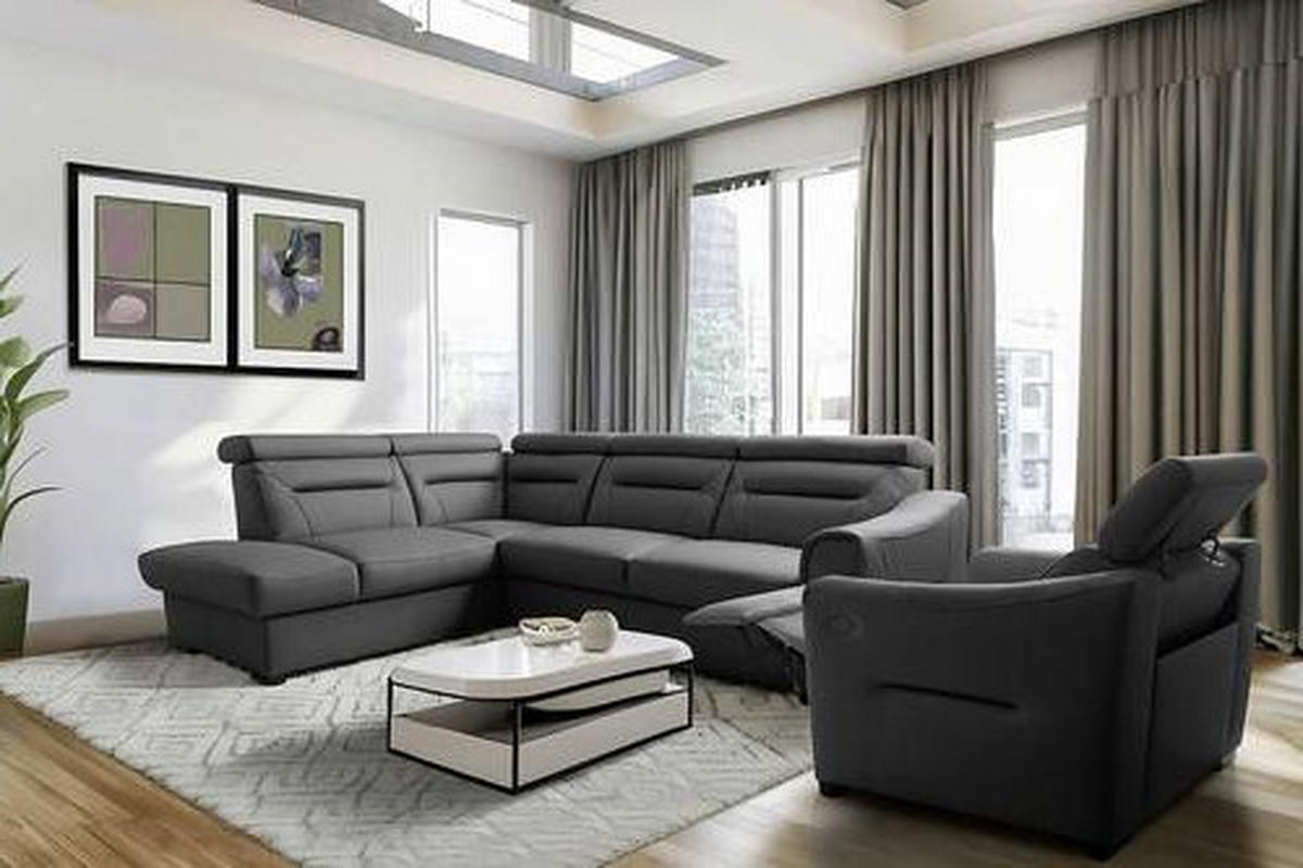 ECKSOFA Anthrazit Echtleder Lederlook Bettkasten, Schlaffunktion, Rücken echt, Kopfteilverstellung  - Wengefarben/Anthrazit, Design, Leder/Holz (212/260cm) - Celina Home
