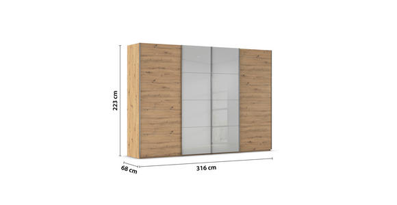 SCHWEBETÜRENSCHRANK 316/223/68 cm 4-türig Grau, Eiche Artisan - Chromfarben/Eiche Artisan, KONVENTIONELL, Glas/Holzwerkstoff (316/223/68cm) - Novel