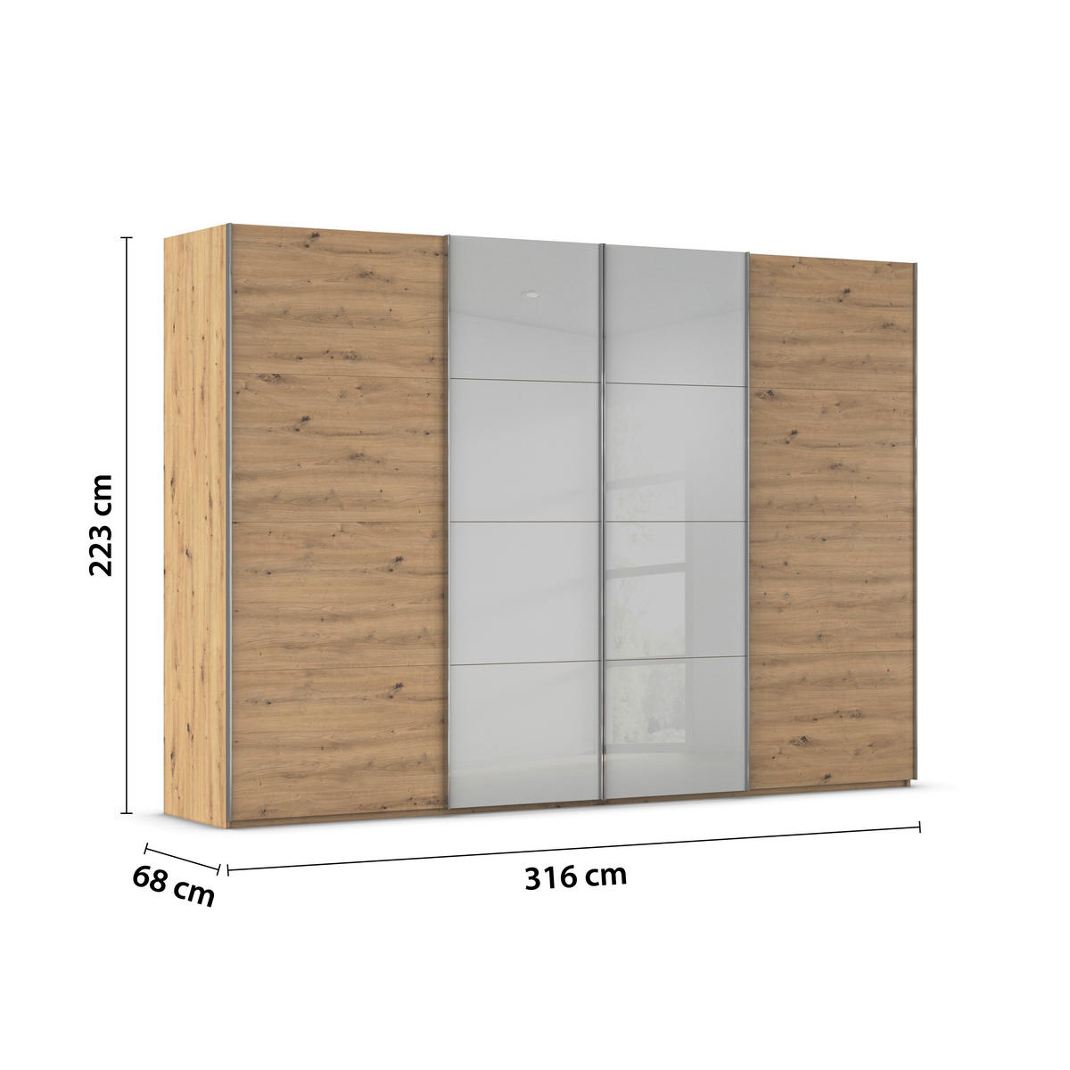 SCHWEBETÜRENSCHRANK 316/223/68 cm 4-türig Grau, Eiche Artisan  - Chromfarben/Eiche Artisan, KONVENTIONELL, Glas/Holzwerkstoff (316/223/68cm) - Novel